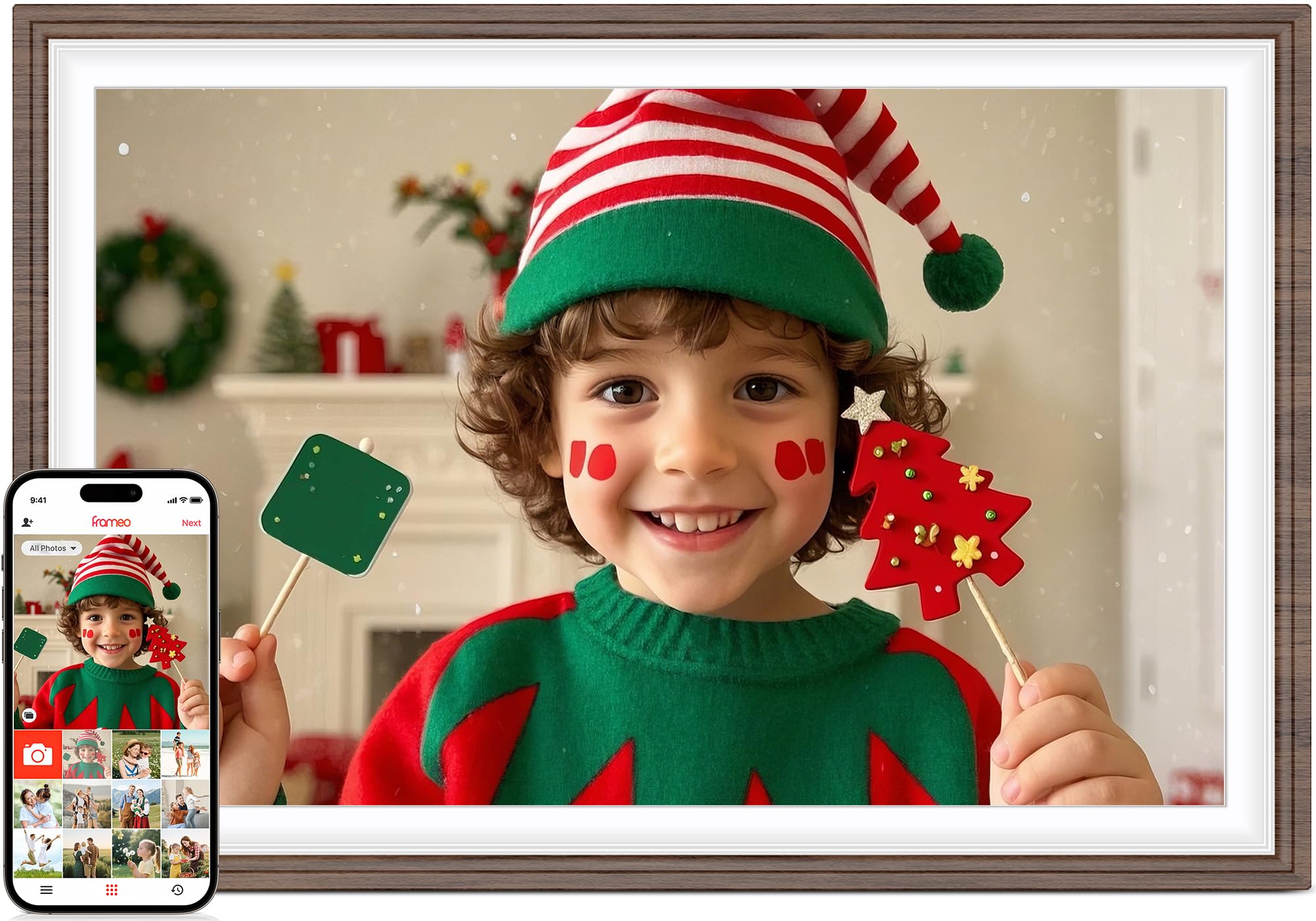 Frameo 10.1" Wood WiFi Digital Picture Frame with 32GB Memory, 1280 x 800 IPS HD Touch Screen Electronic Photo Frame, Auto-Rotate, Slideshow, Wall Mountable, Share Photos/Video Remotely Anywhere