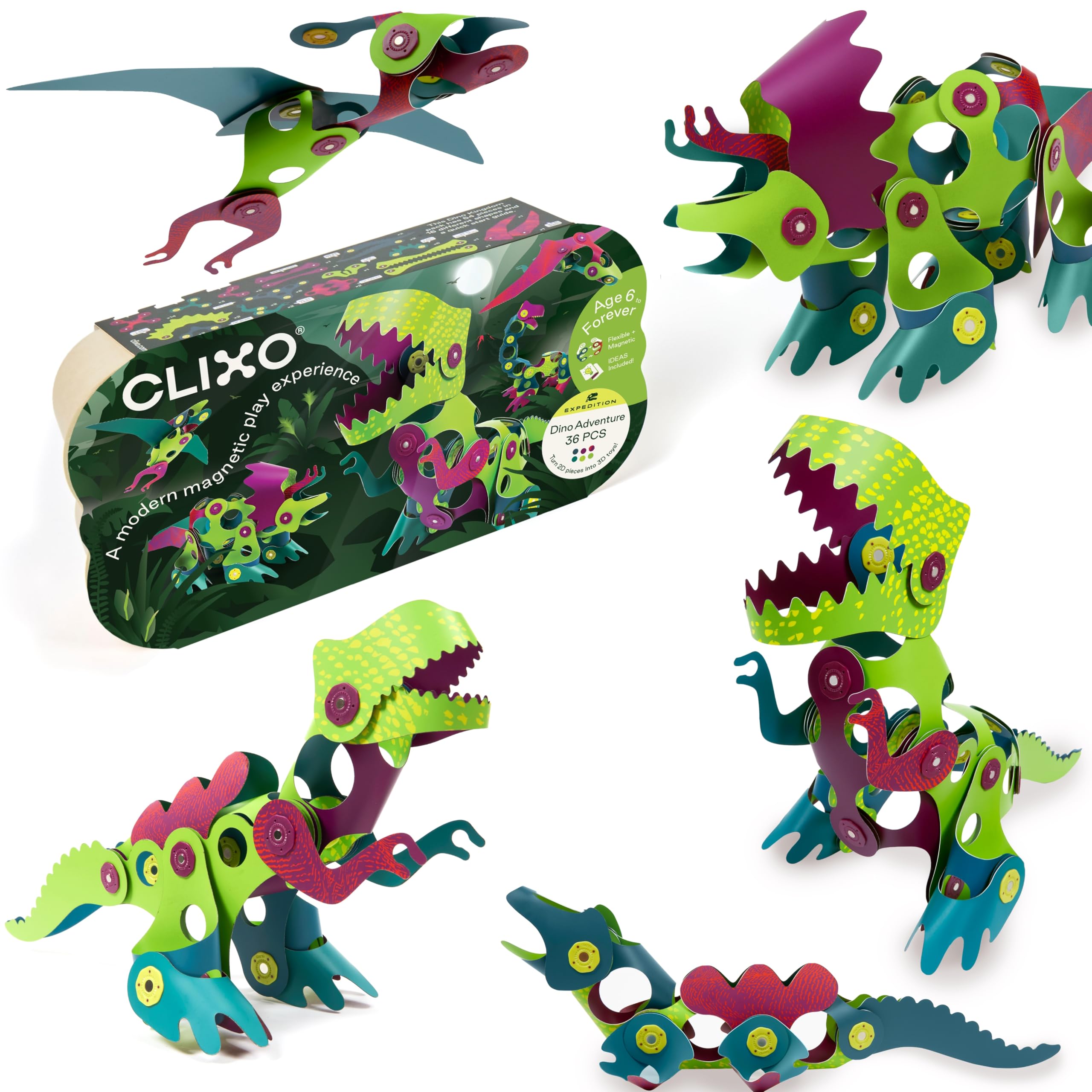 Clixo Dino Adventure Pack Juego de Construcción Magnético, 36 Piezas | Con Dinosaurios, Piezas Flexibles, Crear Figuras 3D, Juguete STEM Educativo, Para Niños