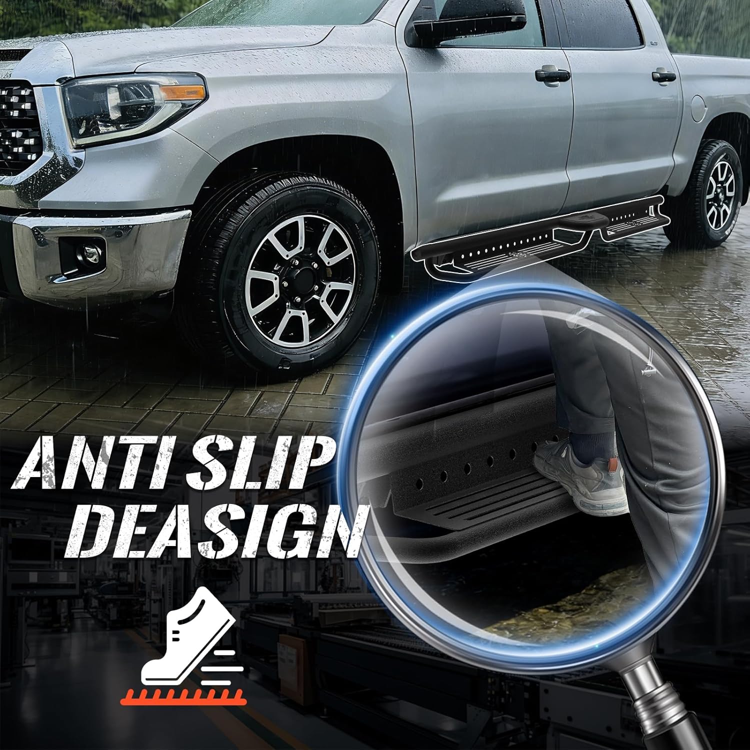 Running Boards Compatible with 2007-2021 Toyota Tundra, Two Stairs Design Side Steps Heavy-Duty Steel Nerf Bars Bolt-on Step Plates Rock Sliders Rail