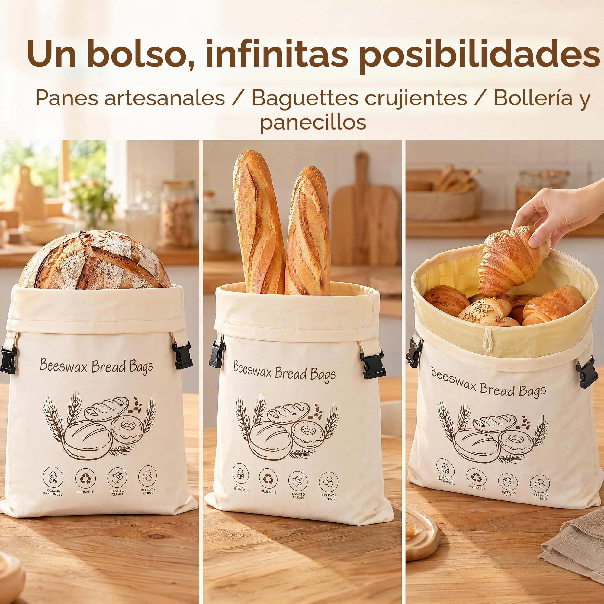 2 Pieces Bolsa de Pan de Cera de Abeja Reutilizables 33 X 43cm | Forro Desmontable Tela De Cera De Abeja, Con Asas, para Masa Madre y Bollería Casera, Productos de panadería