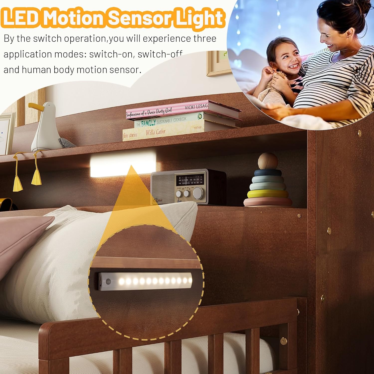 Full Size Bed Frame Kids with Rails, Wood Platform Bed Frame with Storage Headboard and LED Motion Sensor Light,Full Beds with Slats Support for Girls Boys,No Box Spring Needed,Walnut