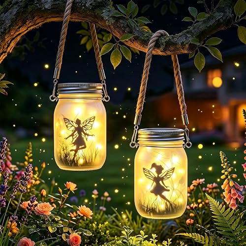 2 Pack Solar Fairy Lantern Outdoor Garden Ornaments IP65 Waterproof Frosted Glass Solar Mason Jar Lights LED Hanging Lamp for Table, Yard, Garden, Patio, Lawns, Decoration (Warm White)