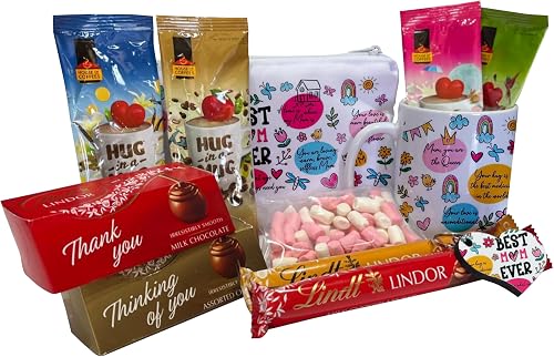 Pandok Mother's Day Mug Gift Set - Best Mom Ever Surrounded By Hearts, Flowers, Rainbows And Butterflies And Positive Quotes With Cappuccino And Luxury Chocolate Treats