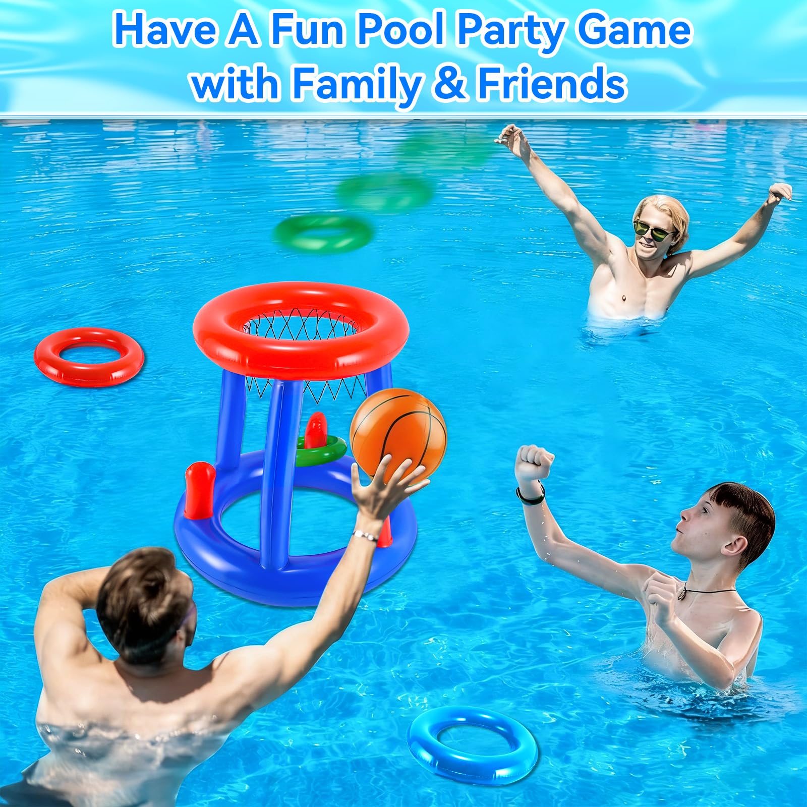 Canestro Gonfiabile per Piscina, 2 in 1 di Canestro da Basket Galleggiante e Gioco di Lancio degli Anelli Gonfiabile, Giocattolo da Gioco Acquatico per Piscina Estiva, Adatto a Bambini e Adulti