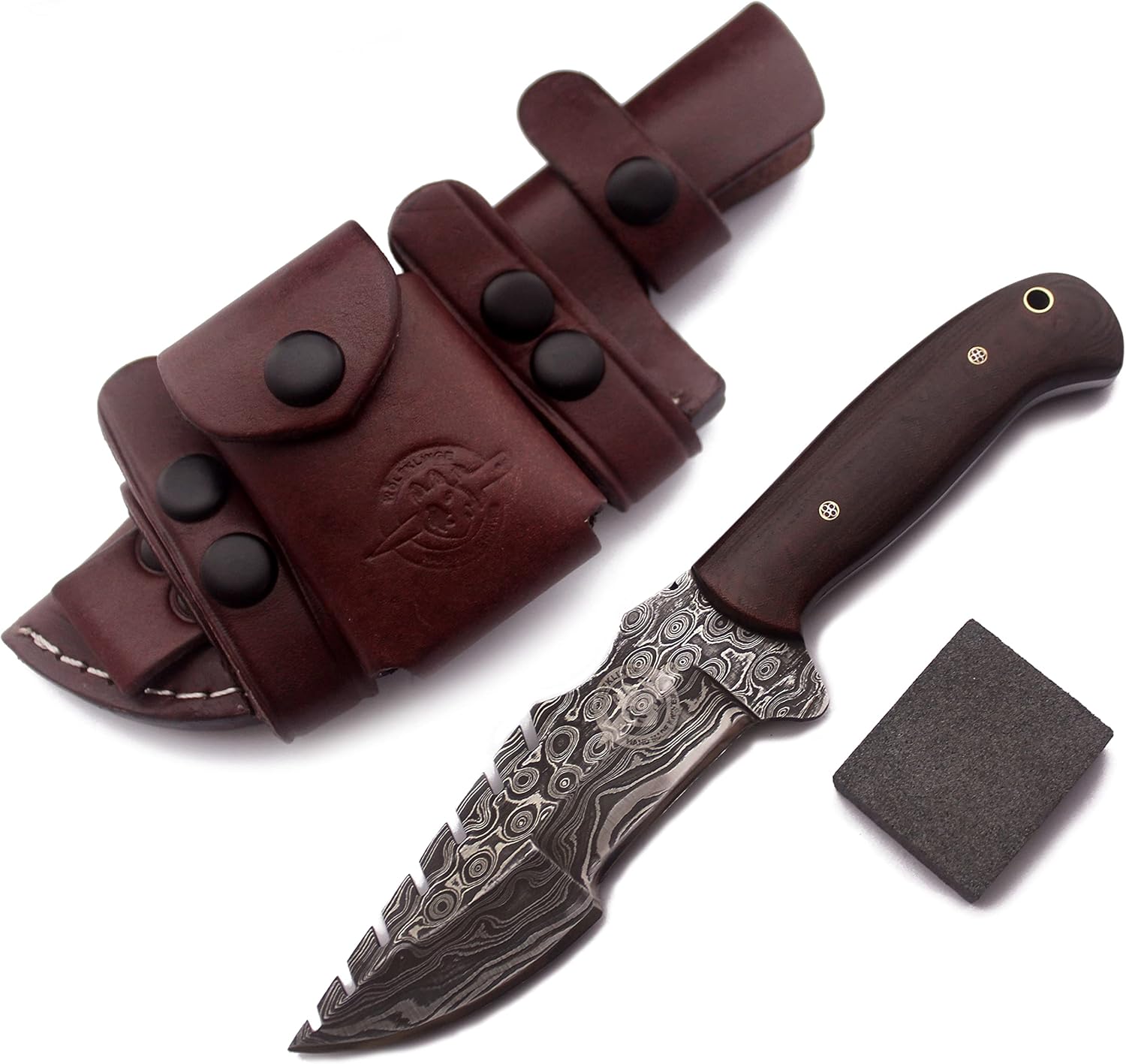 Handmade Damascus Steel Tracker Knives EDC for Hunting, Bushcraft, Camping and Tracker Knife with Fixed Blade with G10 Handel Cowhide-Leather Sheath&Sharpening Stone (SAW BACK-38 BROWN)