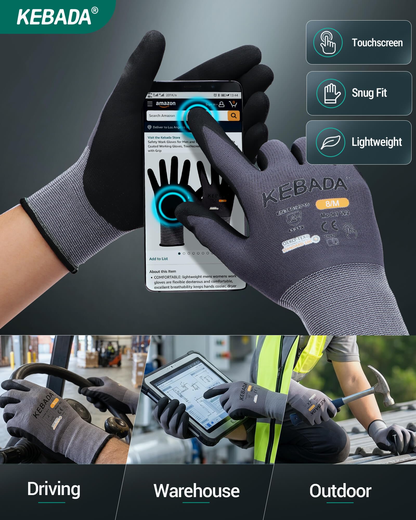 Kebada 6 pares de guantes de trabajo de seguridad para hombres y mujeres, guantes de trabajo con pantalla táctil W2 con agarre, revestimiento de nitrilo de micro espuma, talla XL