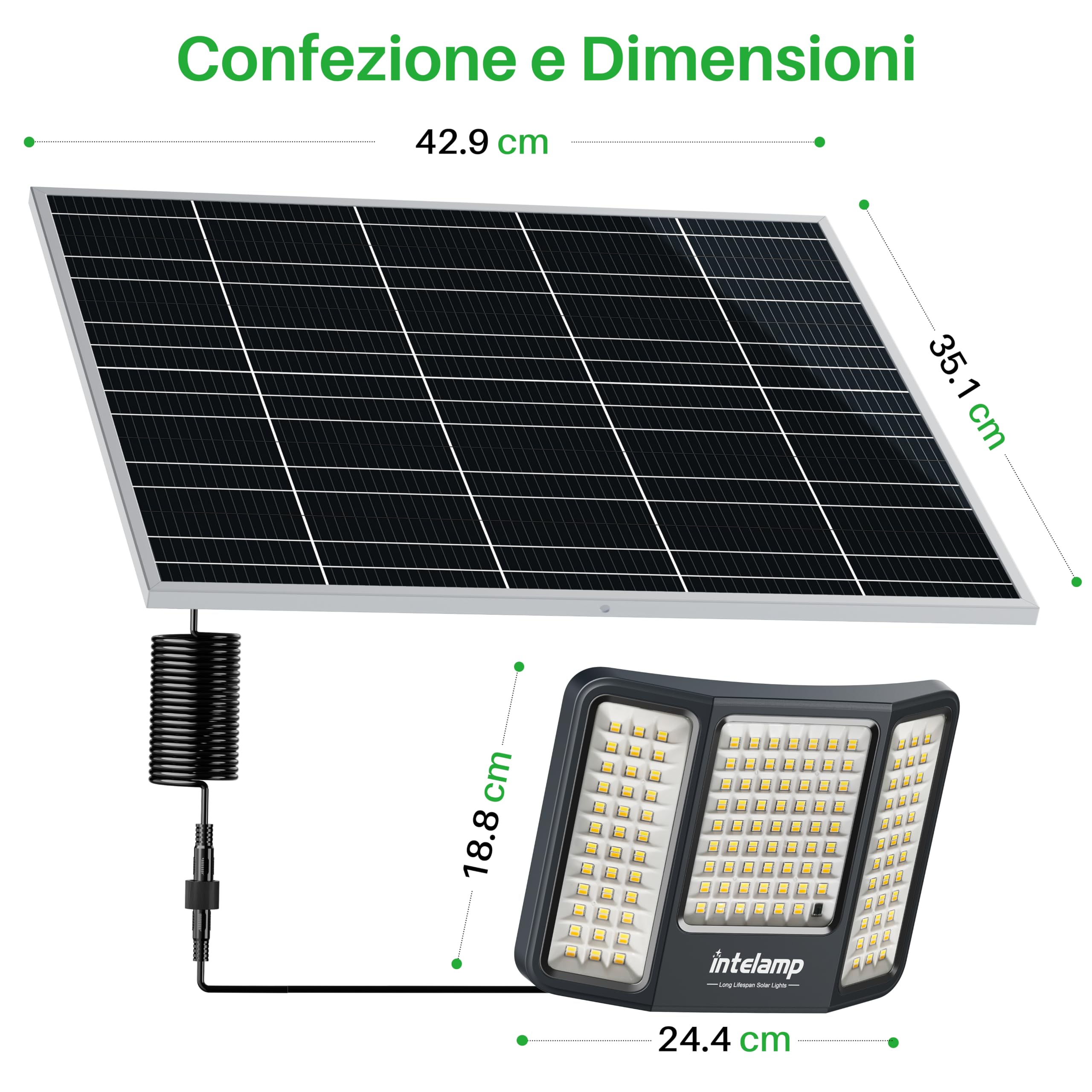intelamp Faretti LED Solari ad Alta Potenza con Pannello Solare Separato | Batteria da 20.000 mAh, 2.000 lm, 3 Temperature di Colore, Telecomando, Protezione IP65, Ideale per Giardini, Garage