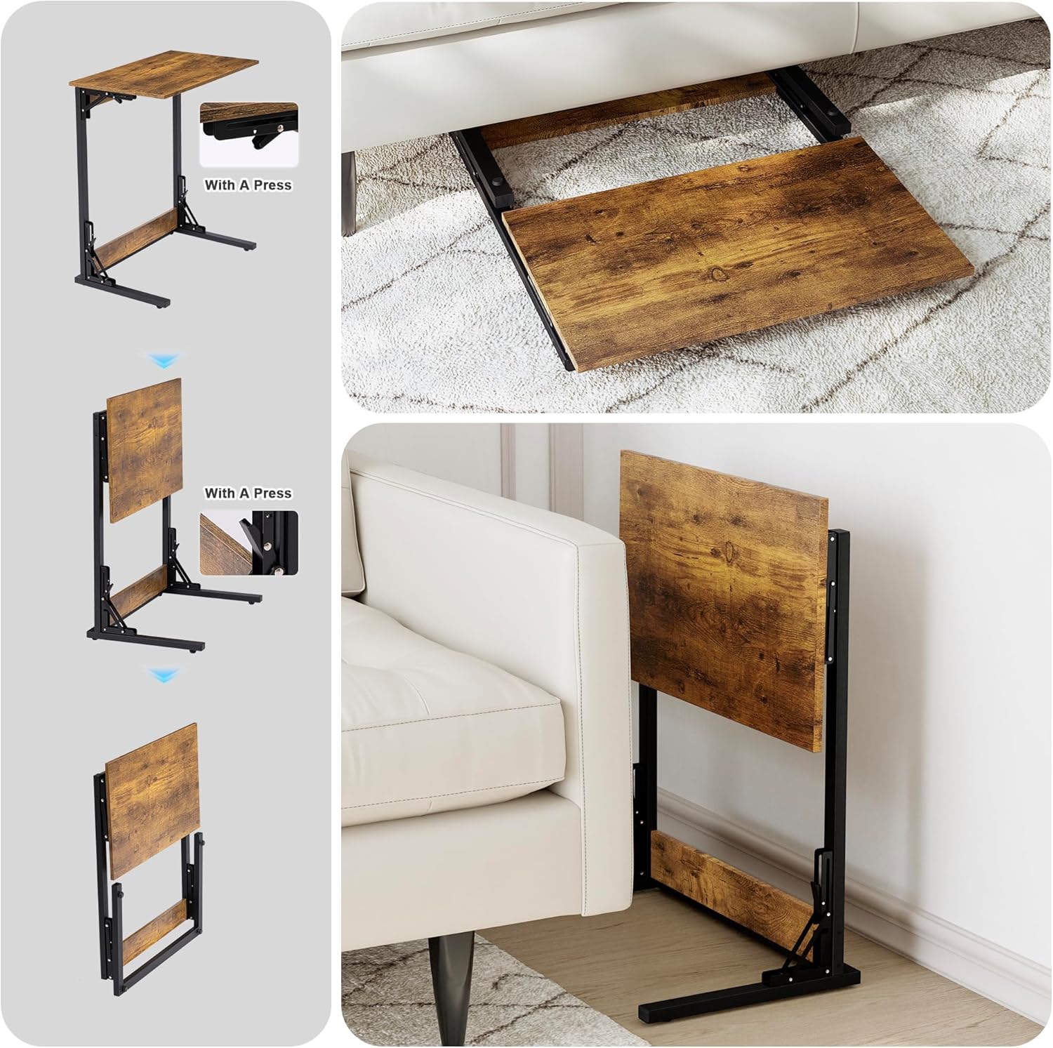 SUNBURY C Shaped End Table, TV Tray, No Assembly Required, Small Side Table for Couch and Bed, Foldable 27.5" Tall Couch Table for Small Spaces, Living Room and Bedroom, Rustic Brown