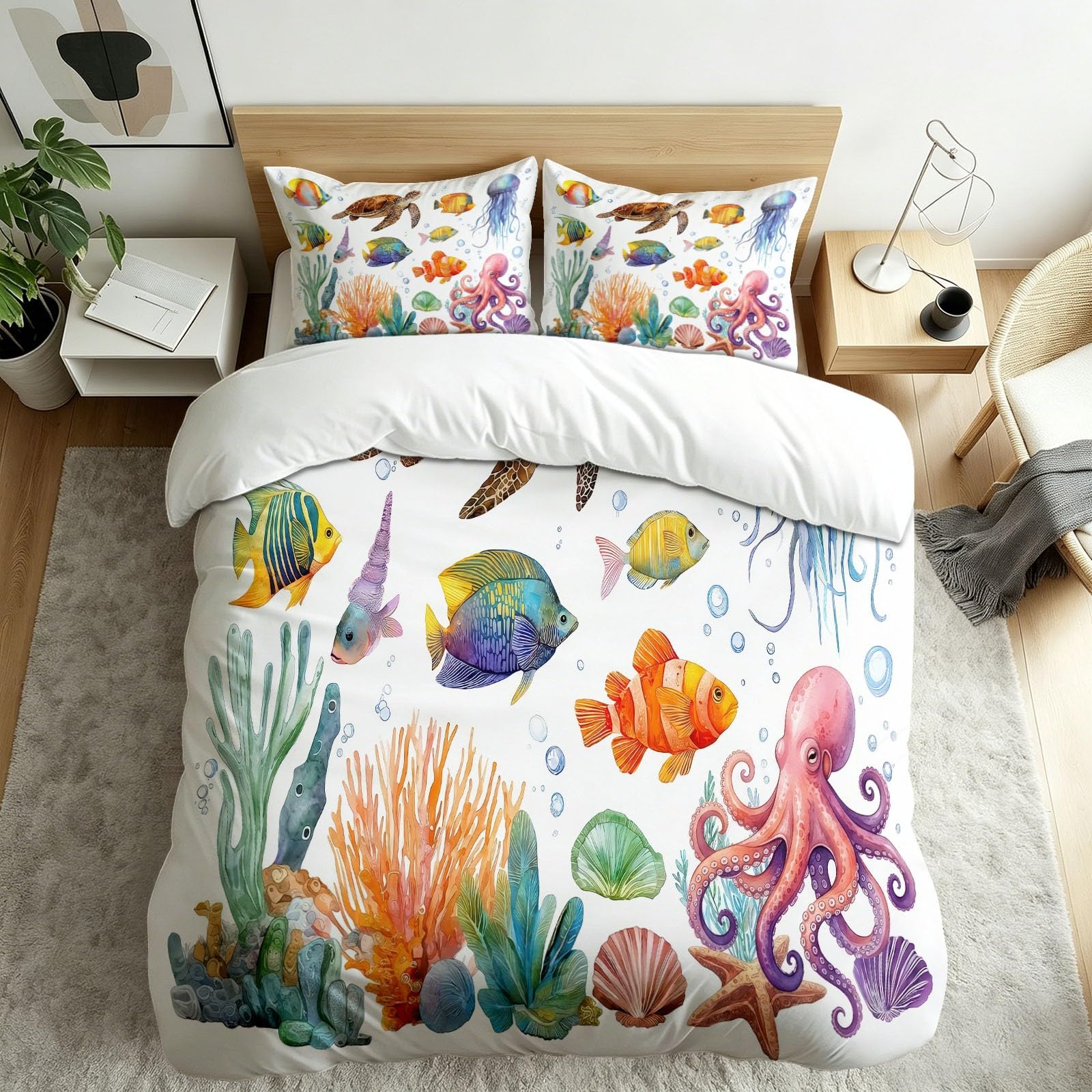 Housse de couette 200x200 tortue de mer et poulpe en microfibre marine