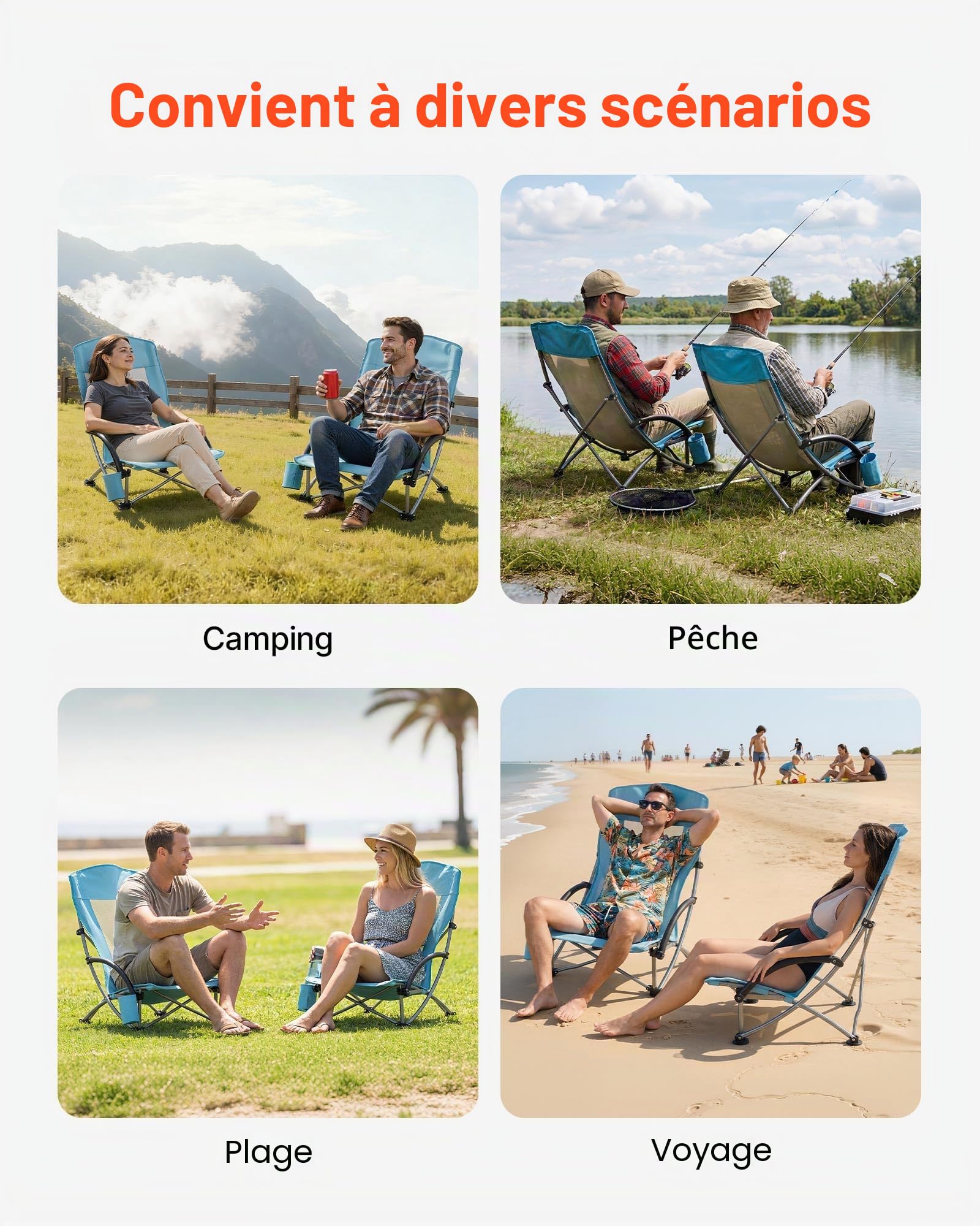 VEVOR Chaise de Camping Pliante et Portable 2PCs, Fauteuil Pliable Camping à Dossier Haut, pour Pique-Nique Randonnée Pêche en Plein Air, Charge 150 kg, avec Porte-gobelet et Sac de Transport, Bleu