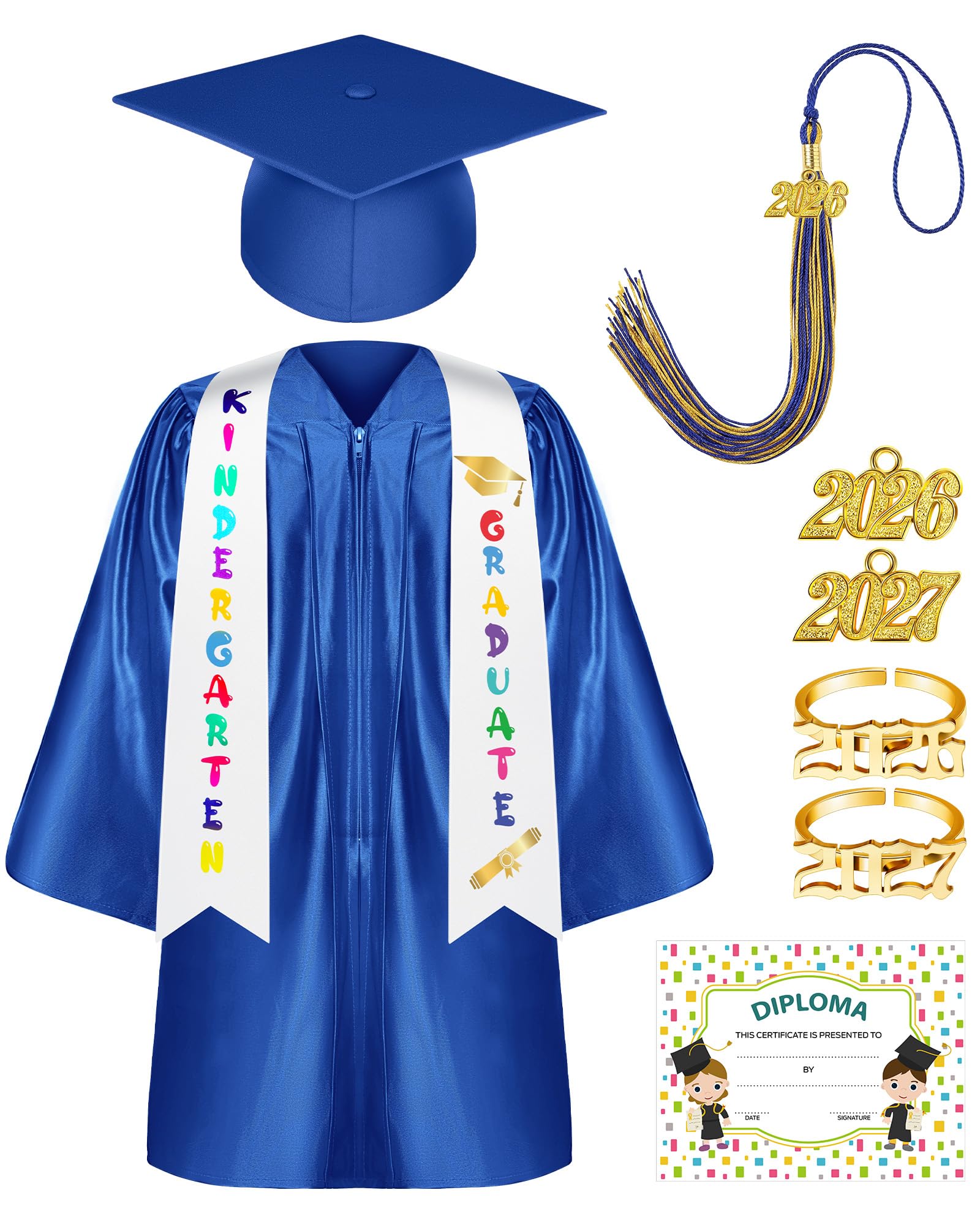 Sasylvia 2026 Kindergarten Preschool Graduation Gown Cap Set with 2026 Tassel Graduation Stole Rings Certificate for Kids