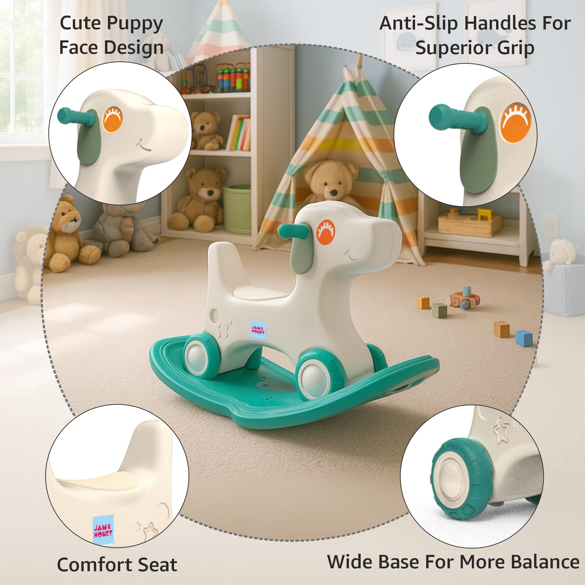 Amazon Brand - Jam & Honey 3-in-1 Puppy Push On Ride On Rocker for Kids | Balancing Board | Backrest | Easy Grip | Four Wheel | Durable and Safe | Lightweight | Animal Theme | 12 Months+ | Green