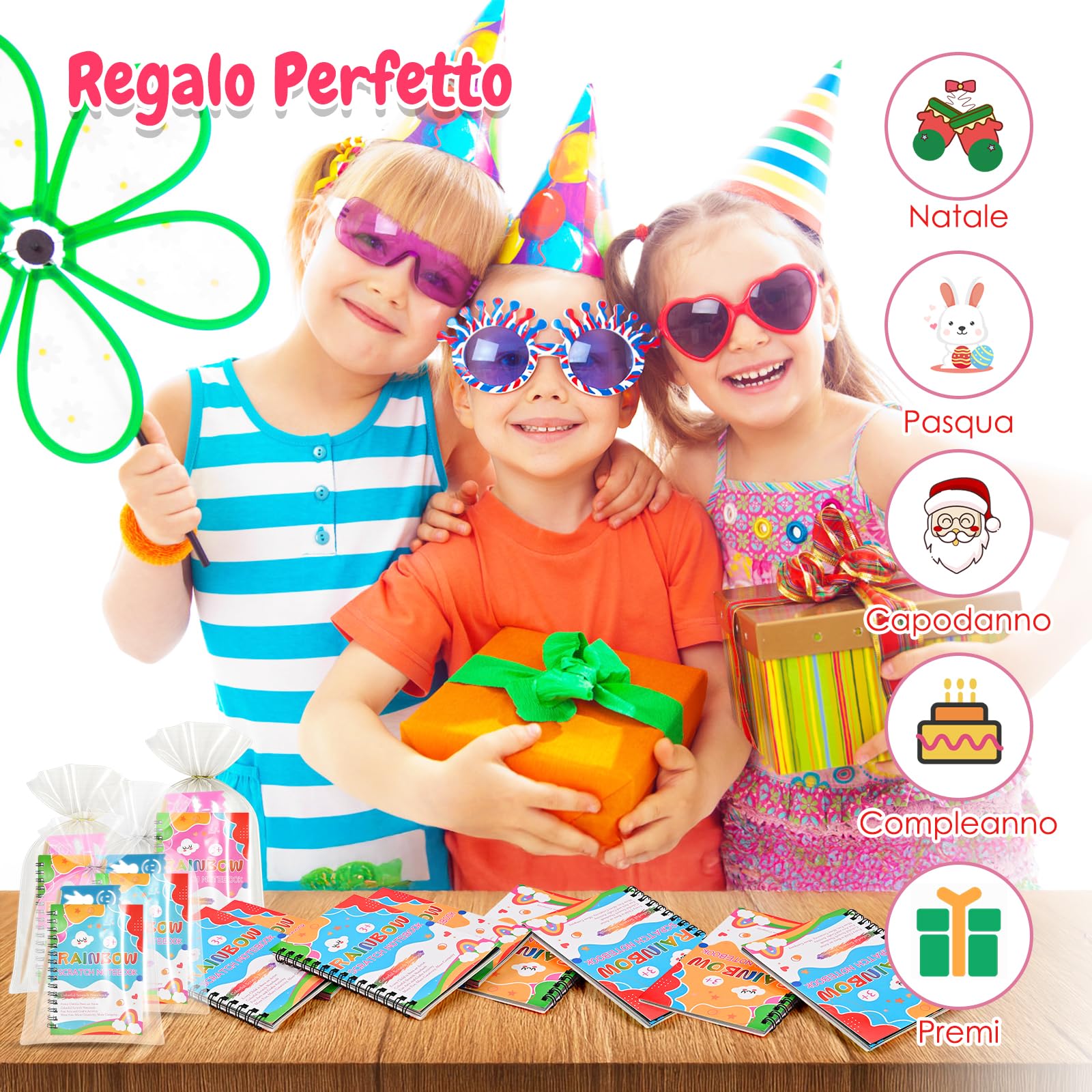 GOLDGE Libri Scratch Art Bambini, 20 Set Gadget Compleanno Bambini | con Stencil, Scratch Notebook, Sacchetti, Penne in Legno, Regalini Fine Festa Compleanno per Bambini 3-12 Anni