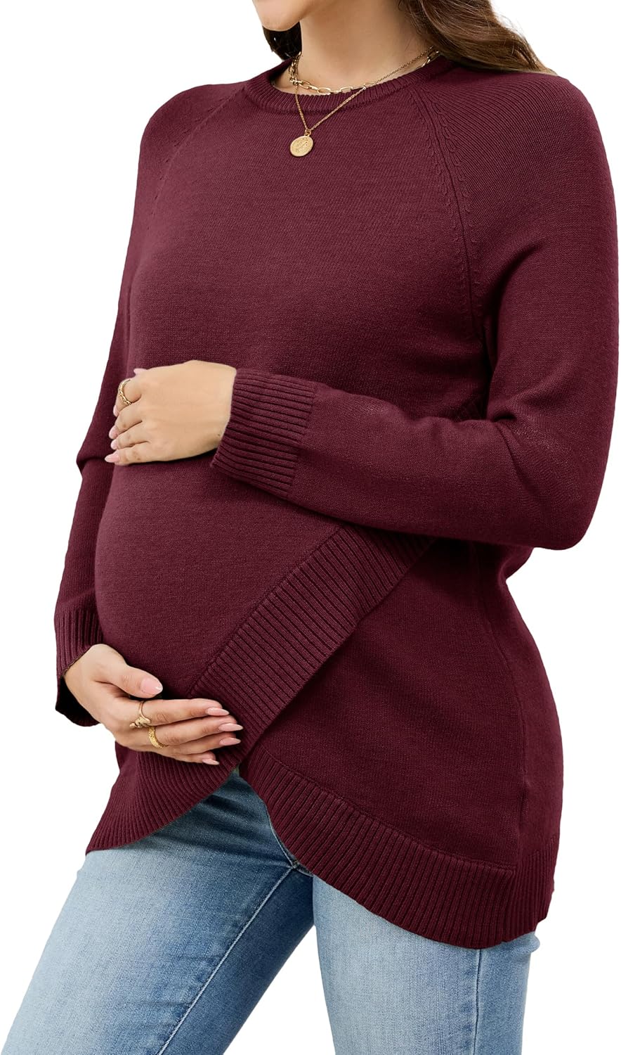 OUGES Women's Wool Blend Maternity Sweater Crossover Ribbed Hem Casual Pullover Tops