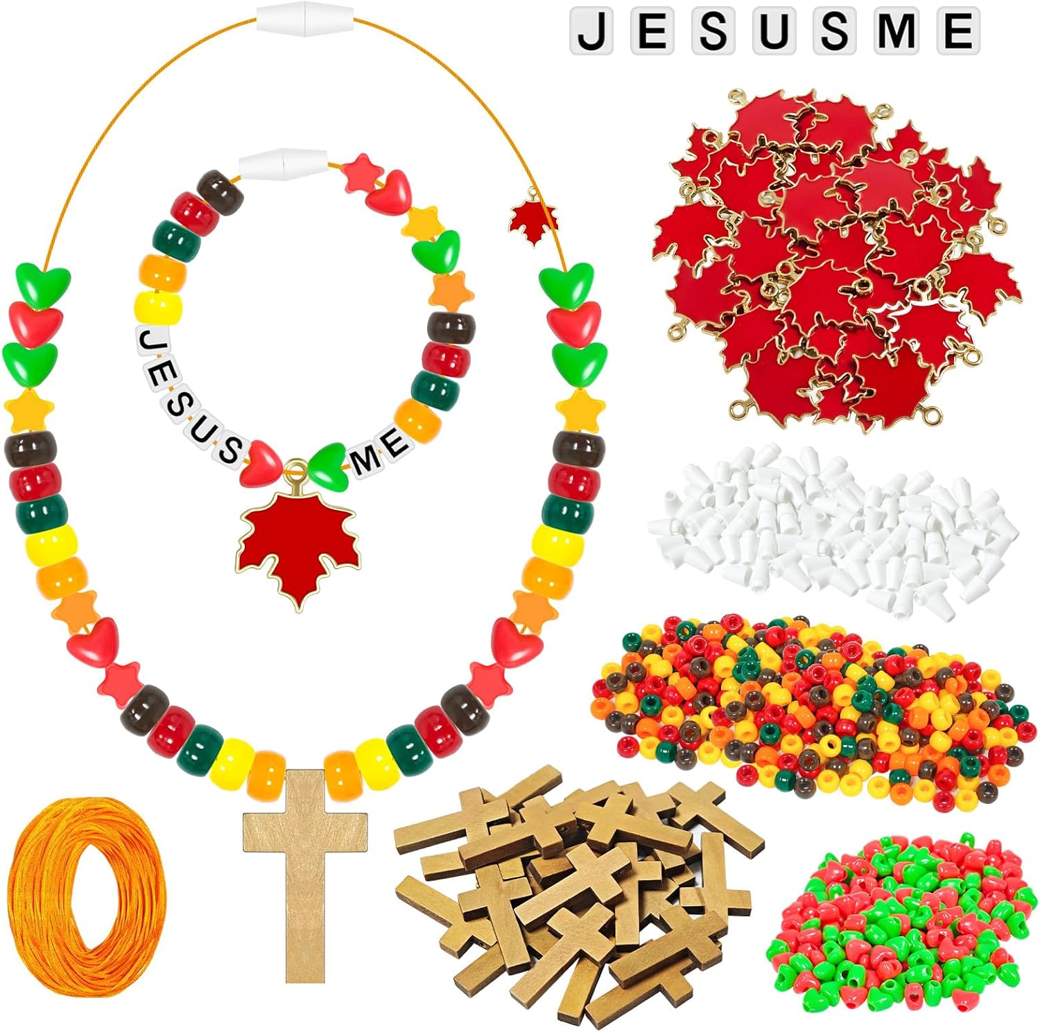 Cinrobiye 24 Sets Fall Religious Beads Kits DIY Christian Wristband Necklace Crafts Jesus Love Me Making Kits with Cross Charms for VBS Week, Thanksgiving Sunday School, Autumn Thankful Favor Gifts