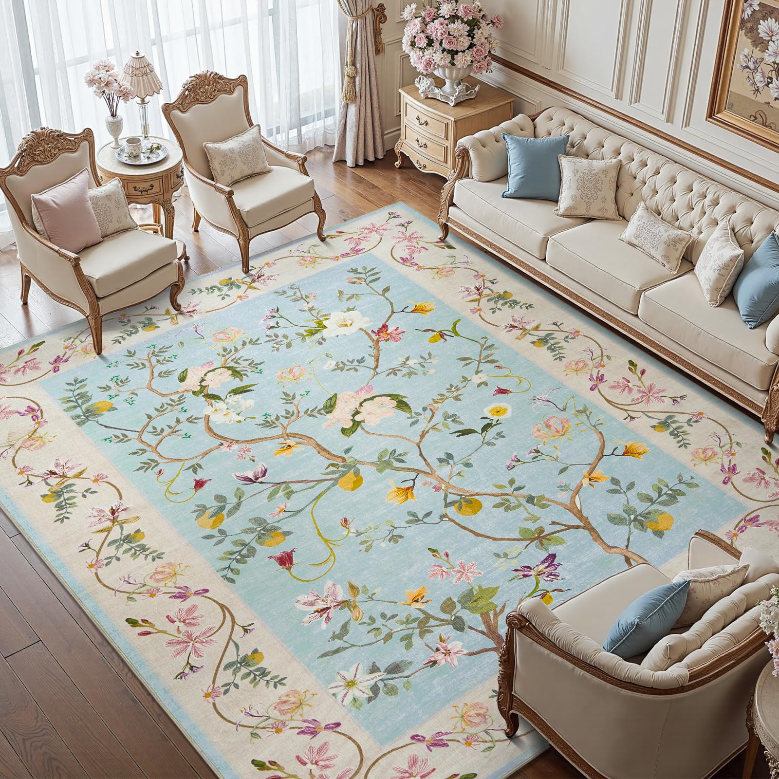 jinchan Floraison Floral 6x9 Area Rugs Machine Washable Rug Netural Indoor Non Slip Chinoiserie Flower Printed Oriental Vintage Soft Carpet for