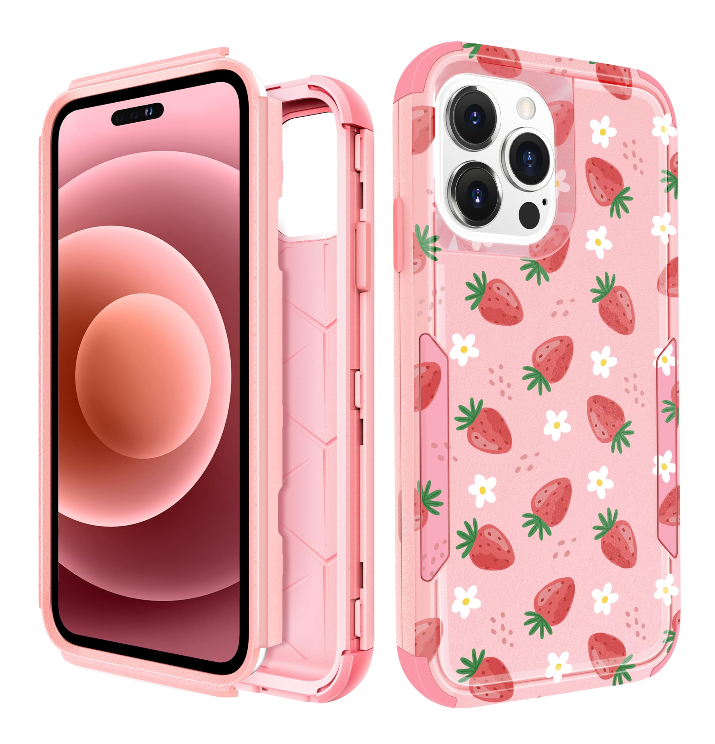 Plakill for iPhone 15 Pro Max Case - Women Cute Girls Phone Cover Girly Aesthetic Unique Design Teen Kawaii Strawberry Heavy Duty Hard Shockproof