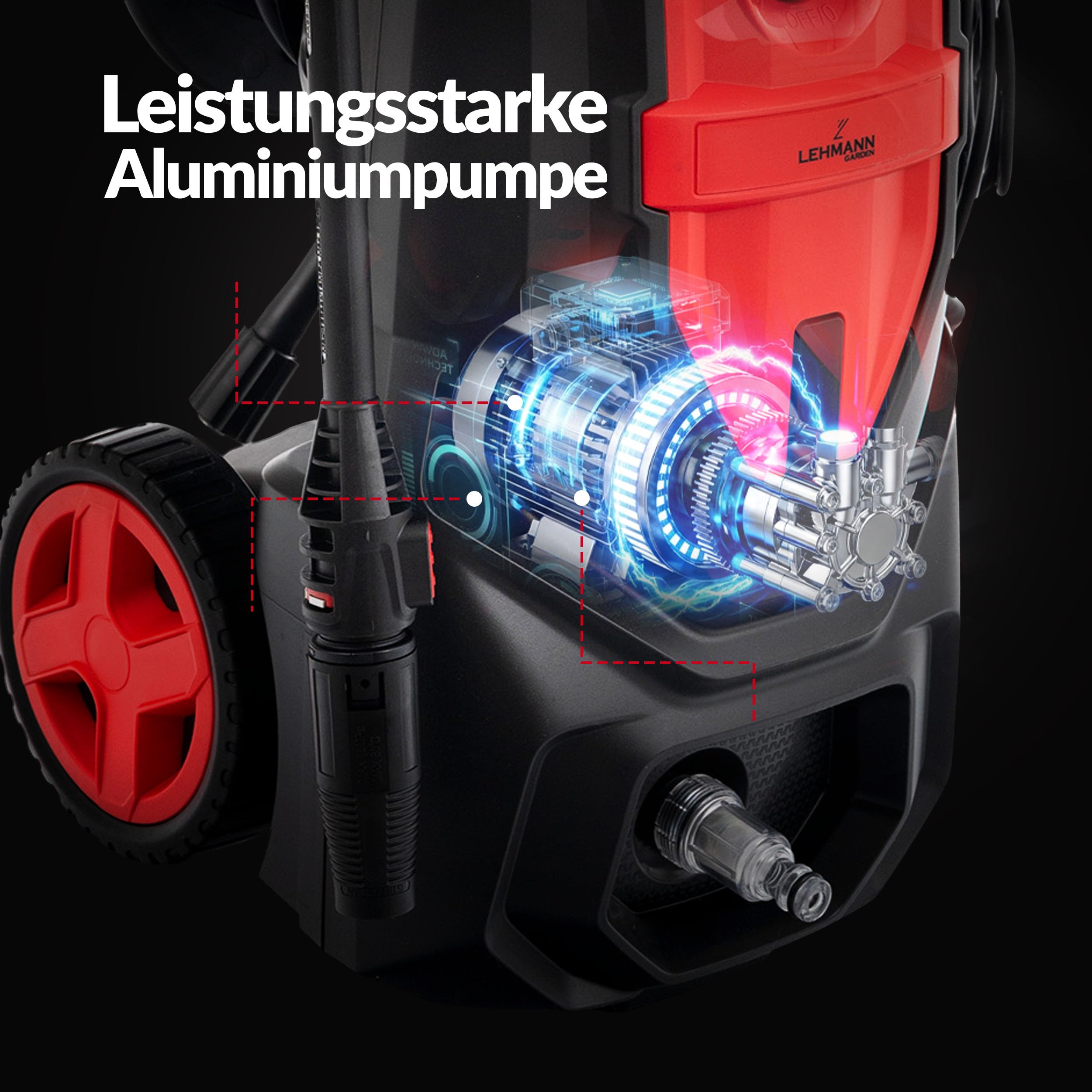 LEHMANN Austin Hochdruckreiniger mit Aluminiumpumpe, 1800 W, max. 220 bar, 450 l/h Fördermenge, 5m Schlauch, Zubehör: Turbo- & Verstelldüse & Schaumsprüher, Druckreiniger für Auto, Terrasse