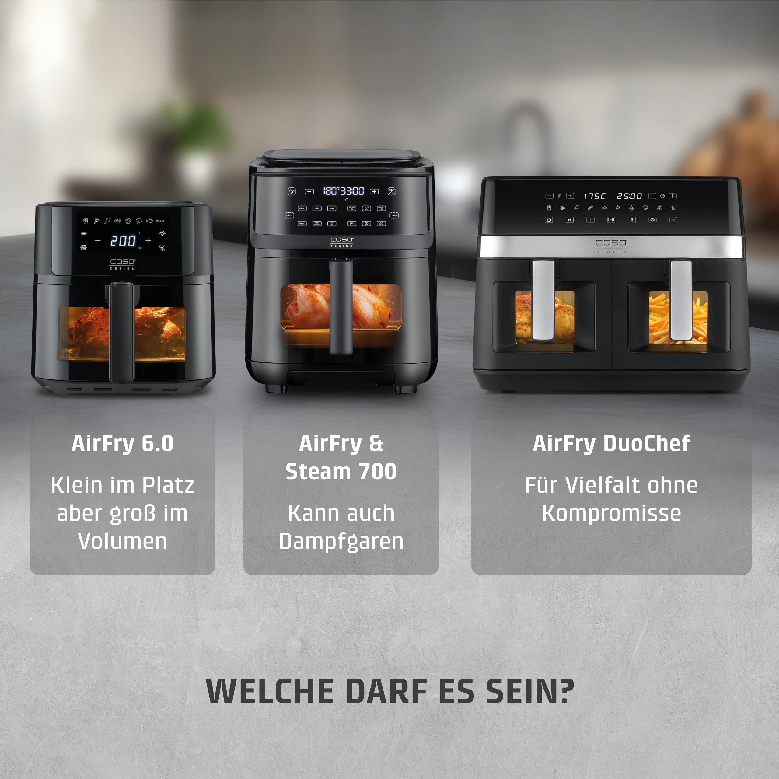 CASO AirFry DuoChef -Heißluftfritteuse mit 2 Kammern, 14L Volumen, nahezu fettfrei, 10 Programme, 50-200°C, Timer, LED-Anzeige, Sichtfenster, SHAKE-Reminder, spülmaschinengeeignet