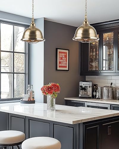 Miniatura 3 de Kira Home Liberty - Lámpara colgante industrial moderna de 13 pulgadas + pantalla de jaula de metal, altura colgante ajustable, acabado de latón frío