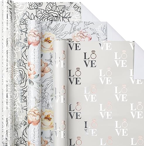 LeZakaa Rollo de papel de regalo plateado mini rollo flor y amor y anillo con diseño de lámina metálica para bodas compromisos despedidas de soltera