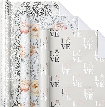 LeZakaa Wedding Floral Wrapping Paper Roll, Silver Flowers & LOVE Ring, Metallic Foil Design for Wedding, Engagement, Bridal Shower, Anniversary, Mini Roll, 17 x 120 inches, 3 Rolls