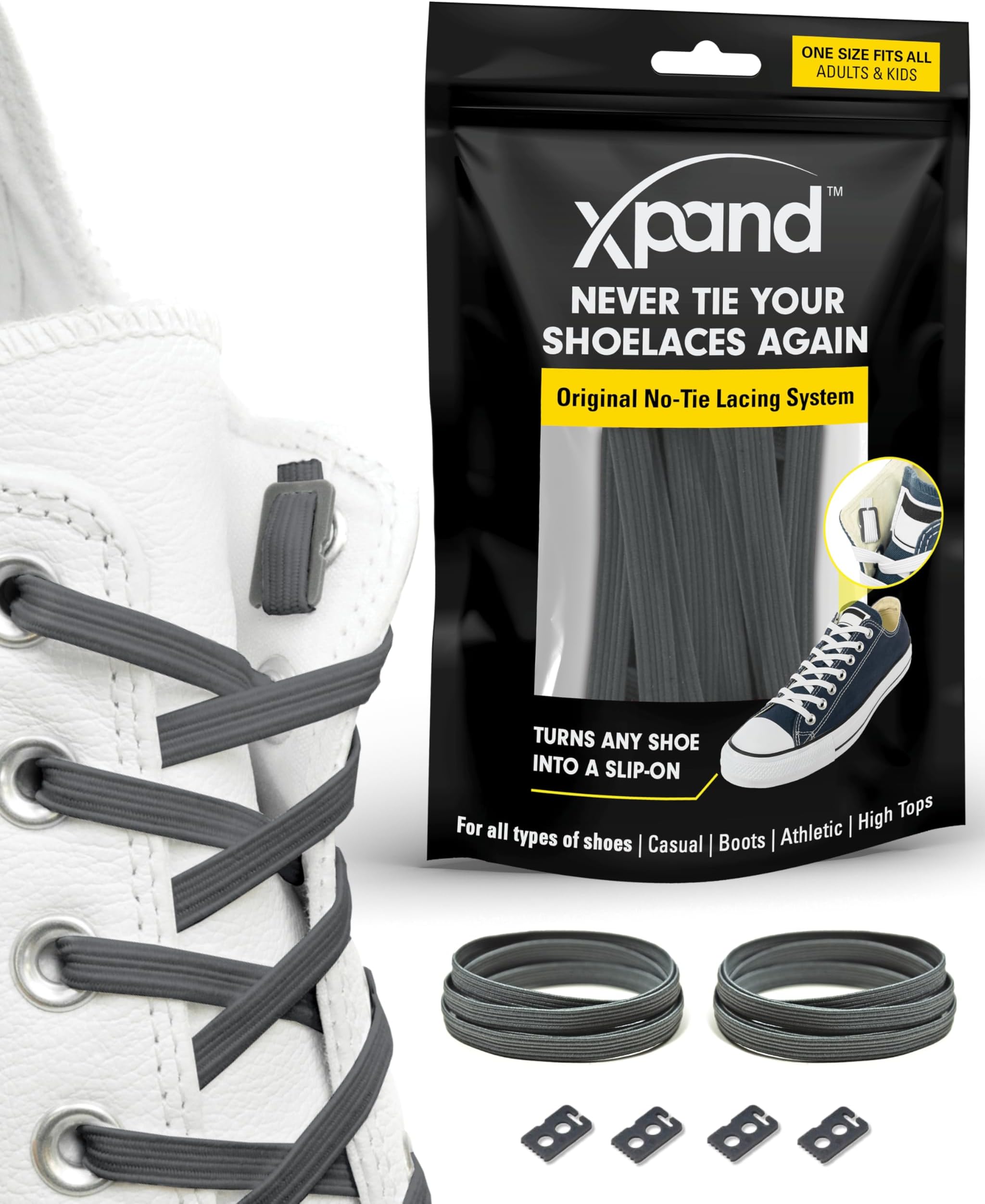No Tie Elastic Shoelaces. 1 Size Fits All for Adults & Kids | Stretch Laces for Sneakers, Runners & High Tops Shoes