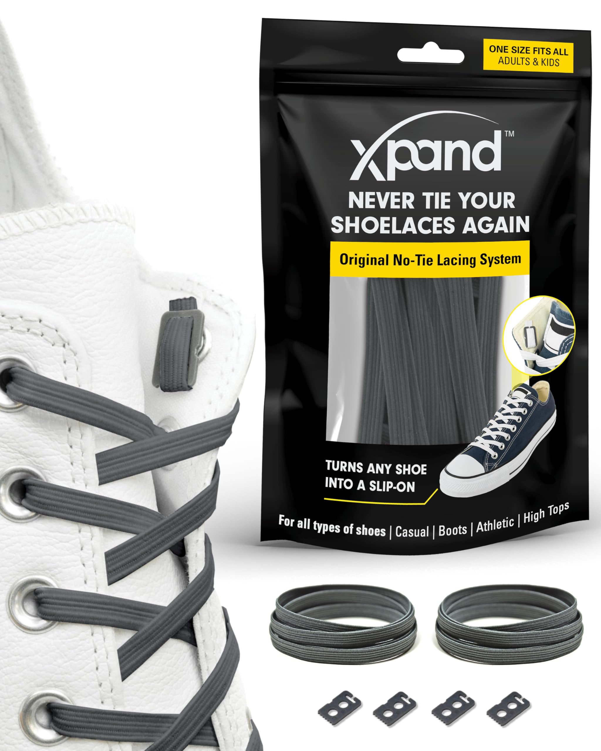 No Tie Elastic Shoelaces. 1 Size Fits All for Adults & Kids | Stretch Laces for Sneakers, Runners & High Tops Shoes