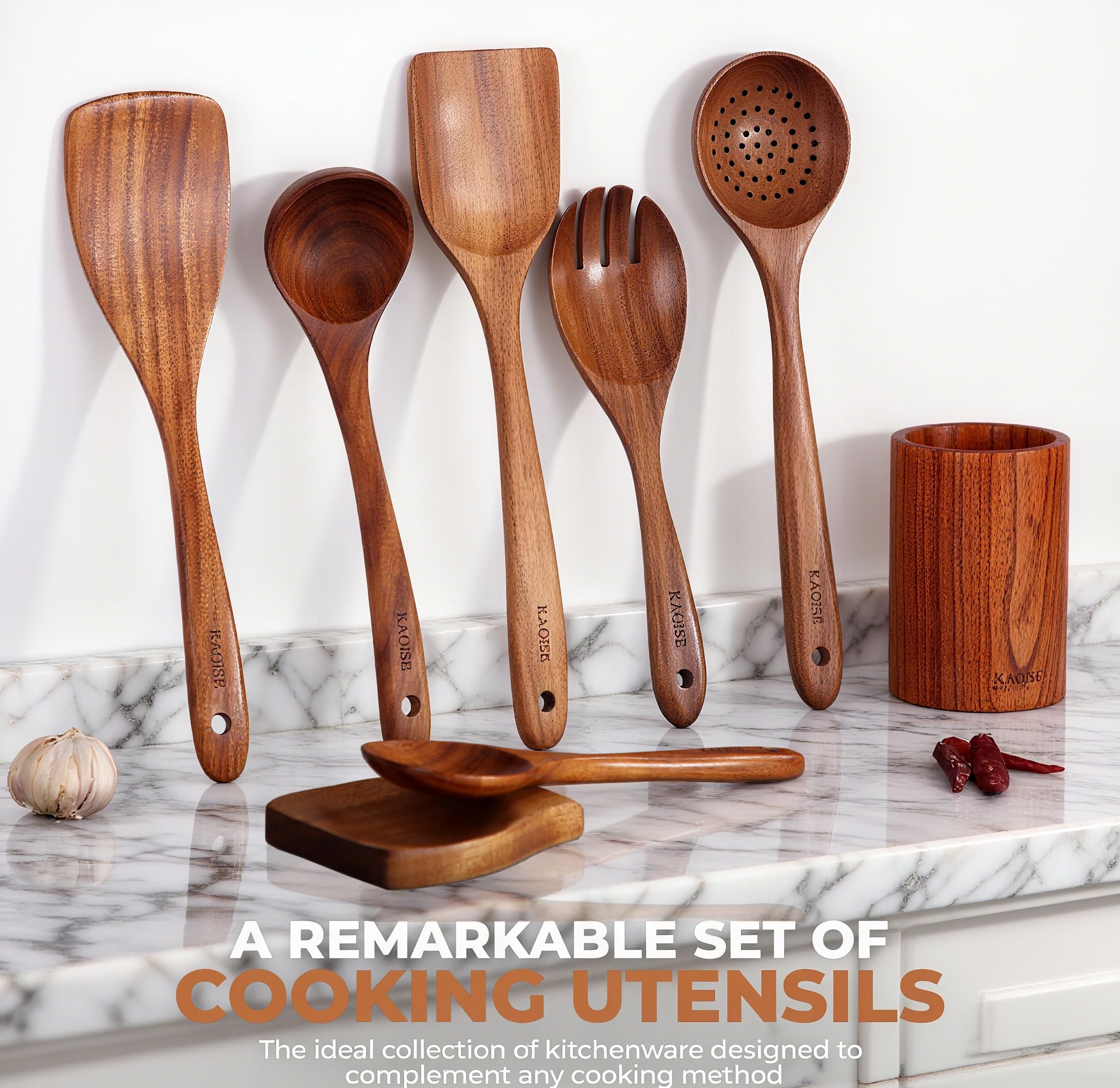 Cucharas de madera antiadherente natural prémium para cocinar, juego de utensilios de madera esenciales de cocina, juego de utensilios culinarios de madera de teca para familias (8 piezas)