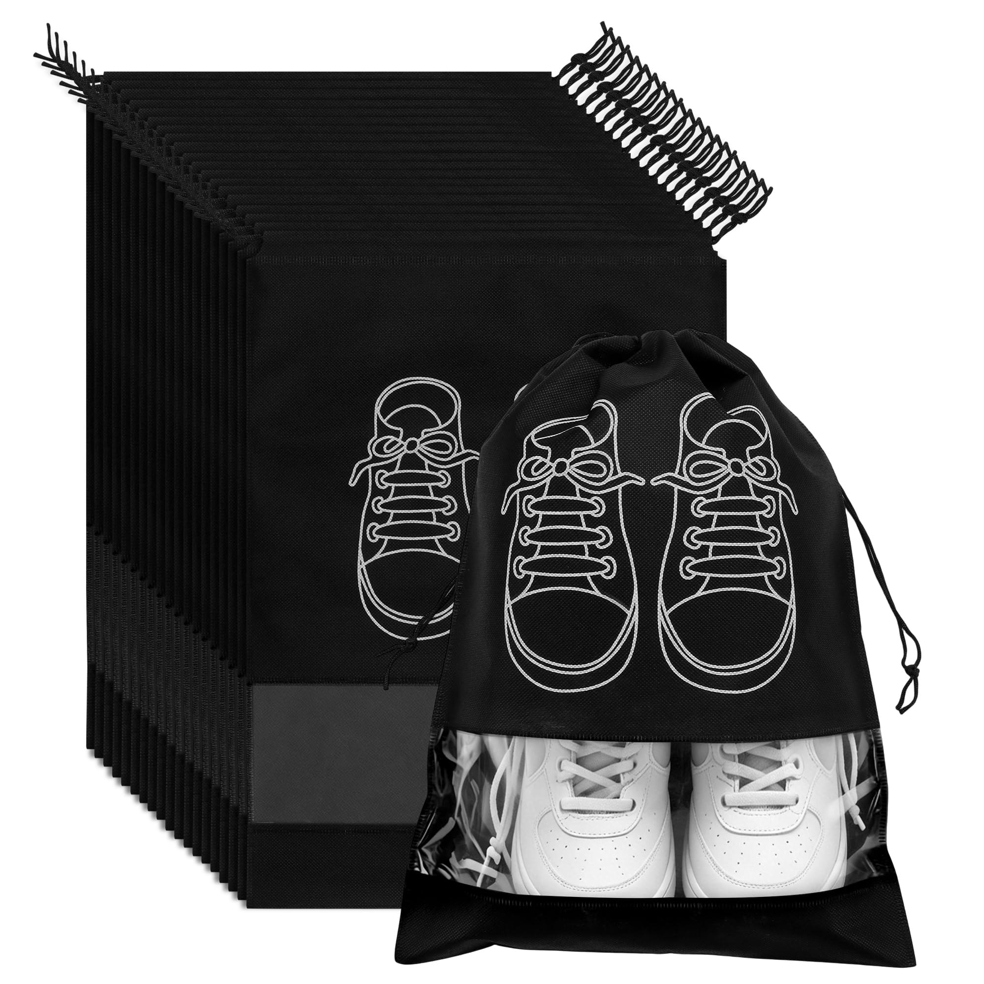 30 Stück 32x44 cm Schwarz Schuhbeutel, Wiederverwendbar wasserdichte Schuhbeutel Reise mit Durchsichtigem Fenster, Zugschnur Schuhsack für Den Täglichen Gebrauch und auf Reisen