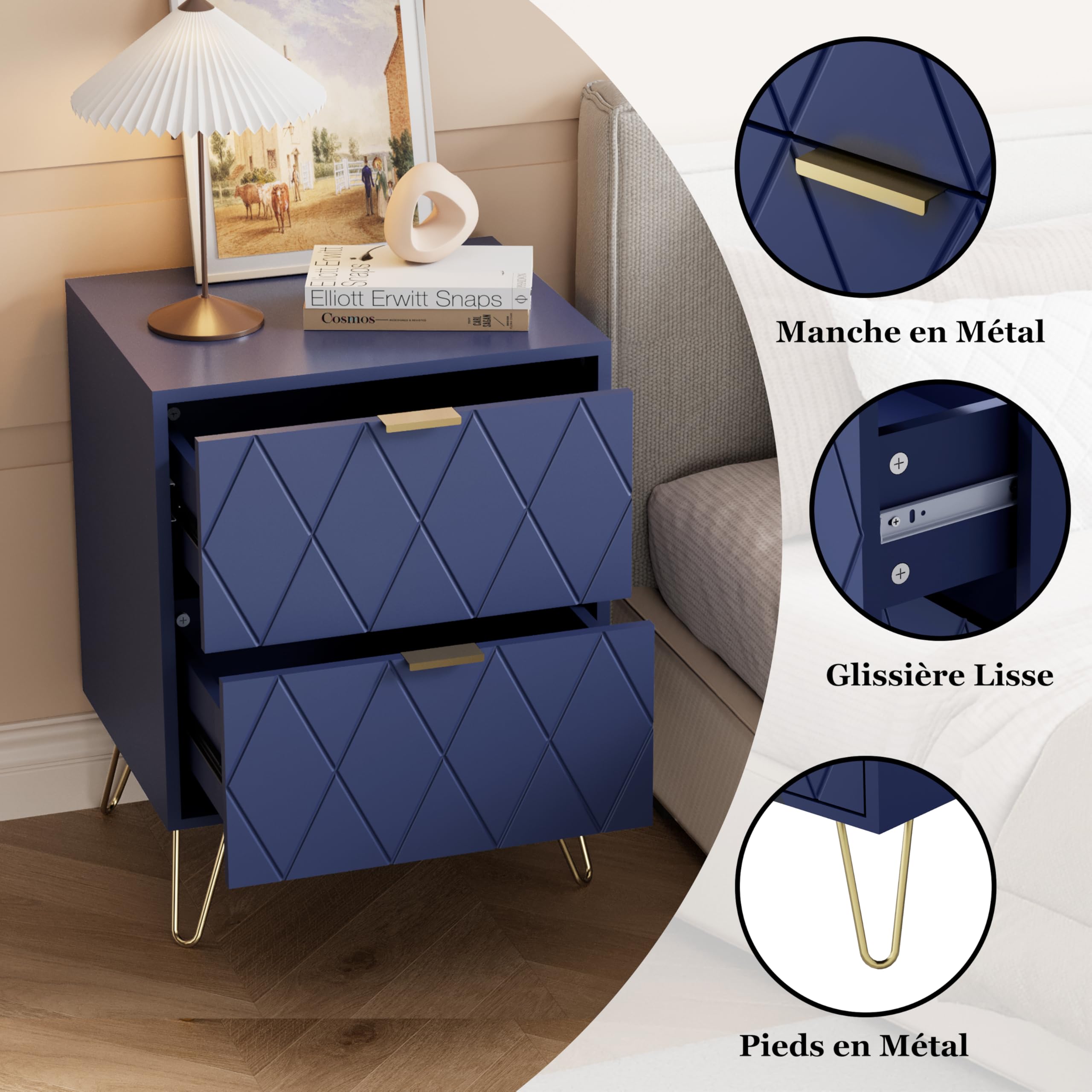UEV Lot de 2 Table à Chevet, Table de Nuit, Table d’Appoint avec 2 Tiroirs, avec Manches et Pieds en Couleur Doré, Style Moderne, Scandinave pour Salon, Chambre, 40 x 30 x 52 cm, Bleu (2 Tiroirs)