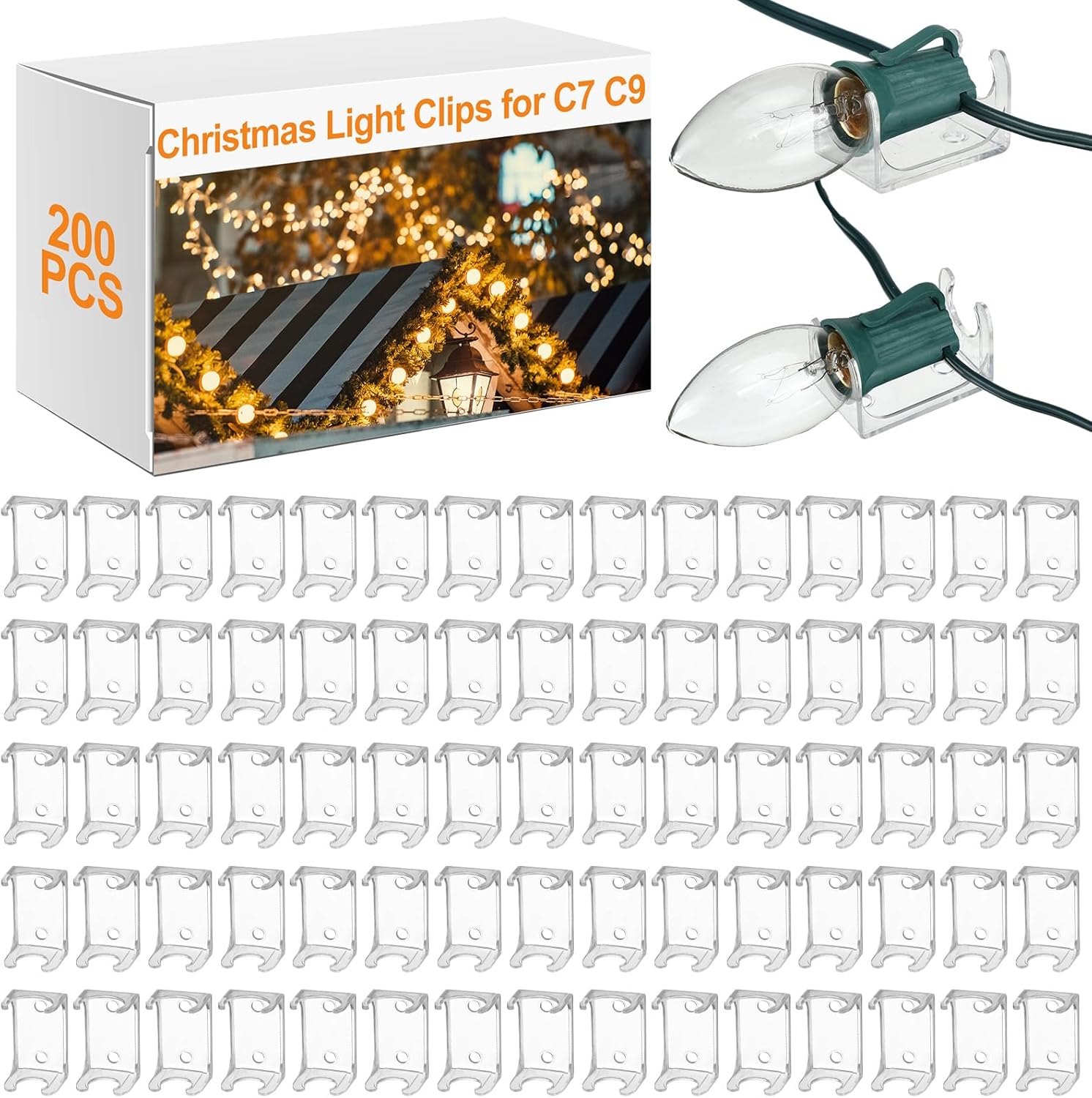 VIHOSE 200 Pcs Christmas Light Clips Clear Lighting Outlet Combo C Clips Waterproof Outside Gutter Clip Hooks Seasonal String Light Hooks for C9 or C7 Socket on Home Stair Christmas Decoration