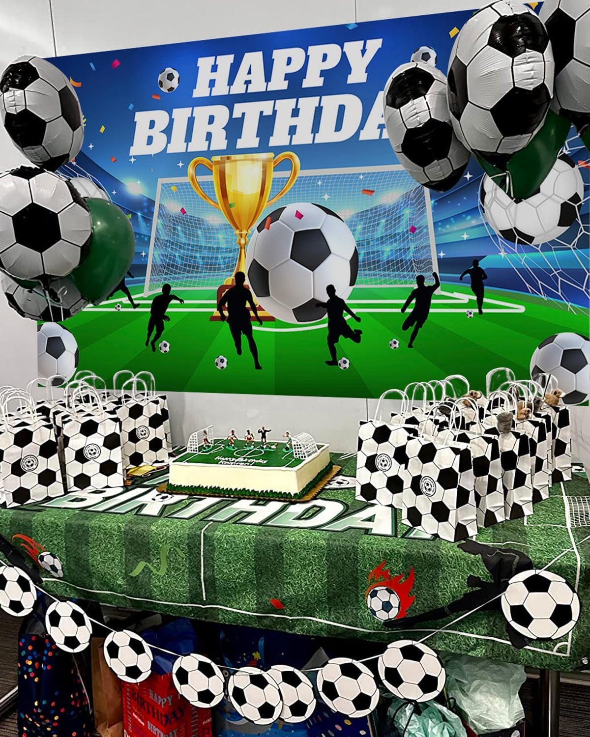 Mocsicka Soccer Birthday Party Banner Backdrop Soccer Theme Happy Birthday Party Decorations Football Field Photo Background Photo Booth Props (Green, 70.8x43.3 inch) - Image 3