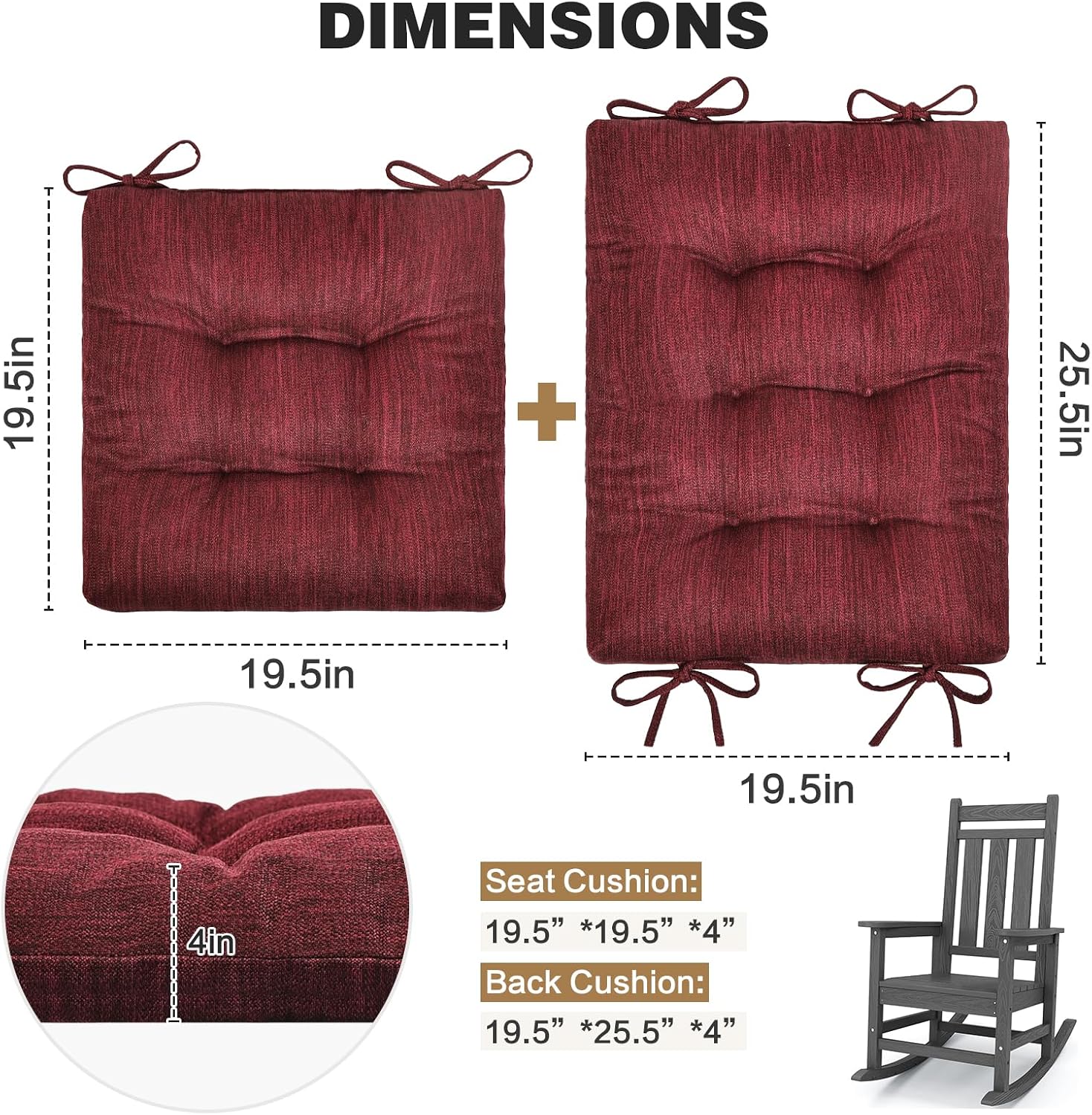 baibu 19.5 x 19.5 x 4 Inch Large Size Rocking Chair Cushion Set, Dual-Layer Patented Design Memory Foam Seat & Back Cushion with Ties for Indoor Living Room Rocker, 2 Piece Set, Red