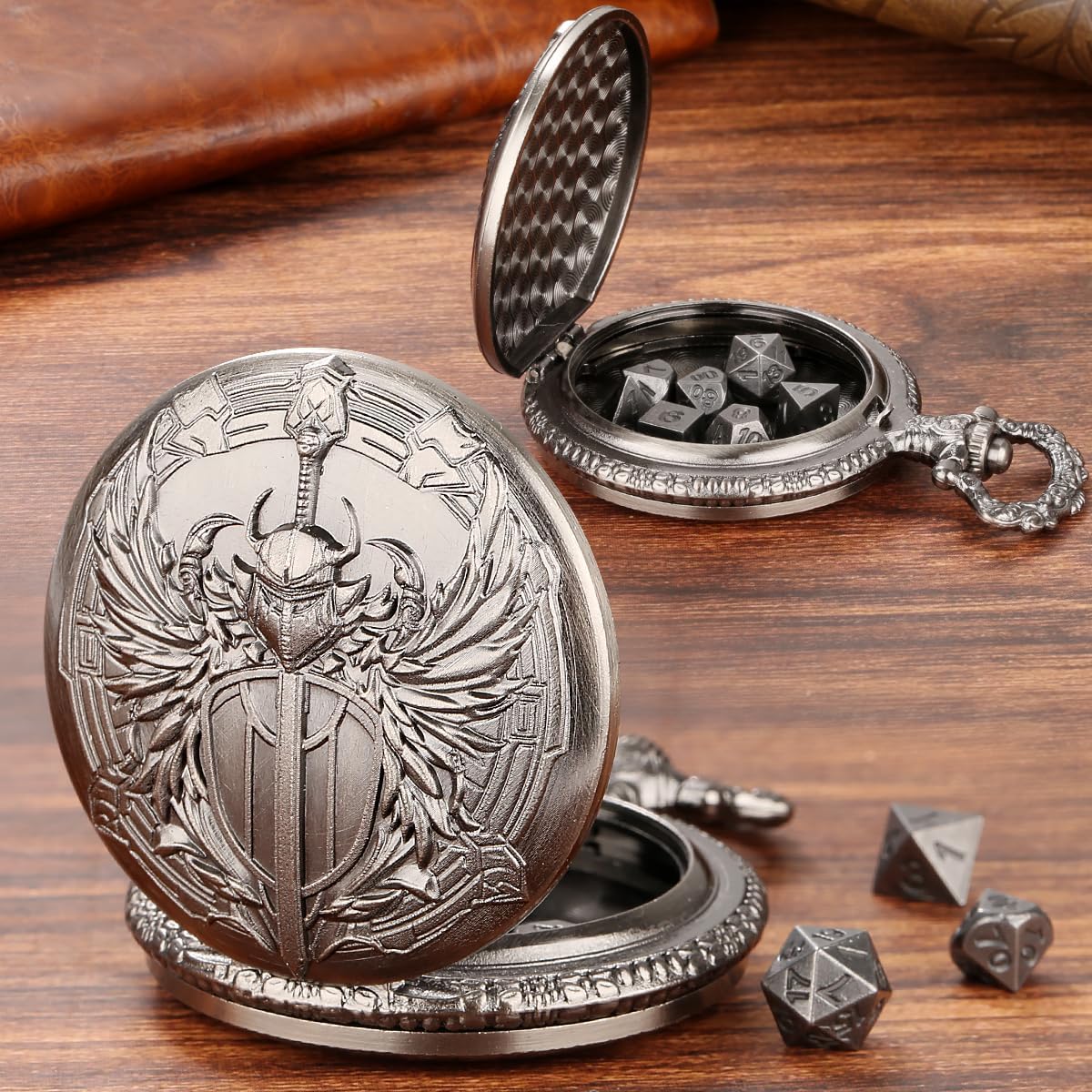 Mini DND Dice Set with Steampunk Paladin Pocket Watch Shell Case, DND Starter Set, 7pcs Polyhedral Mini Metal Dice Set, DND Gifts with Gift Bag, Role Playing Board Game Accessories, Silver