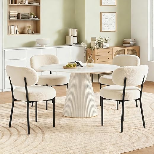 DUMOS Dining Chairs Set of 2, Mid Century Modern Chair Round Upholstered Curved Backrest, Kitchen Vanity Living Room Chairs with Black Metal Legs，Ivory White