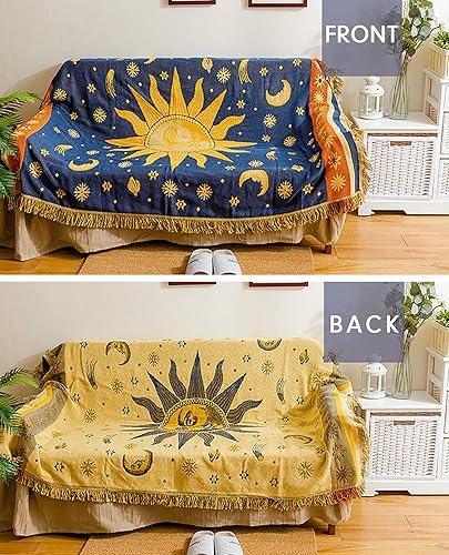 Miniatura 2 de Manta estilo hippie con diseño celestial de estrellas, sol y luna, reversible, de doble cara, de algodón, para decoración del hogar, ropa de cama,