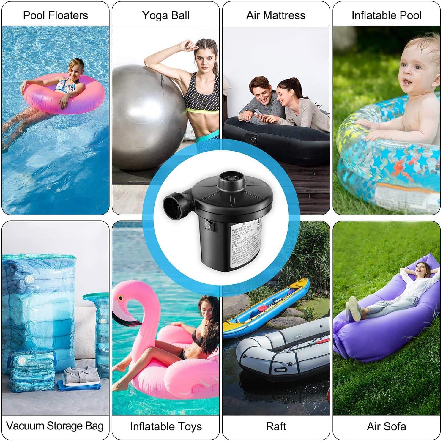 Electric Air Pump, Portable Quick-Fill Air Pump with 3 Nozzles, 120V AC/12V DC, Perfect Inflator/Deflator Pumps for Camping, Inflatable Cushions, Air Mattress Beds, Boats, Swimming Ring - Colors Vary : Home & Kitchen