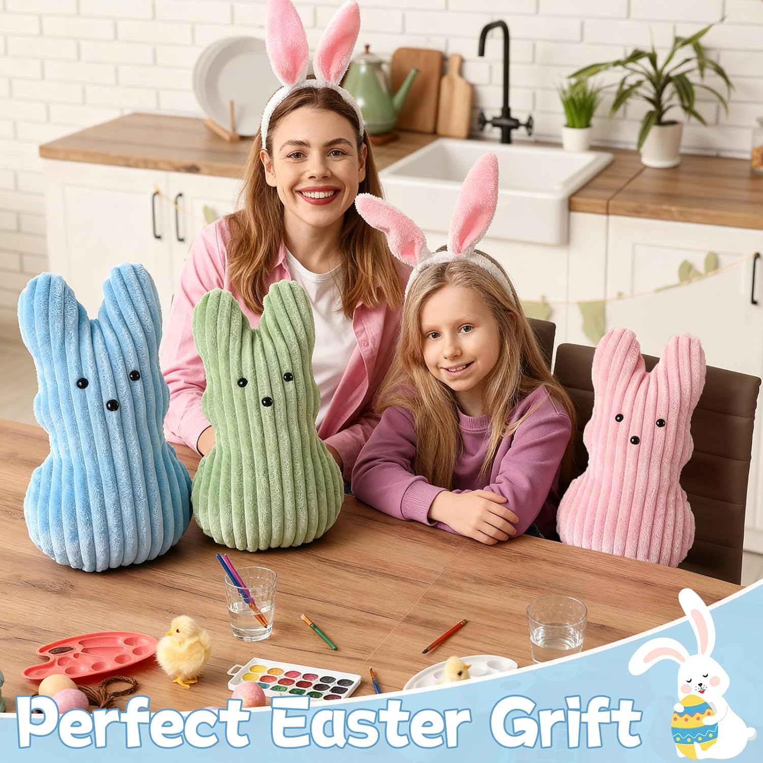 3 Pcs Easter Bunny Plush Throw Pillows Decorations Soft Striped Ribbed Rabbit Shaped Pillow Green Blue Pink Bunny Decorative Pillows for Home Sofa Bed Couch Office Living Room Bedroom