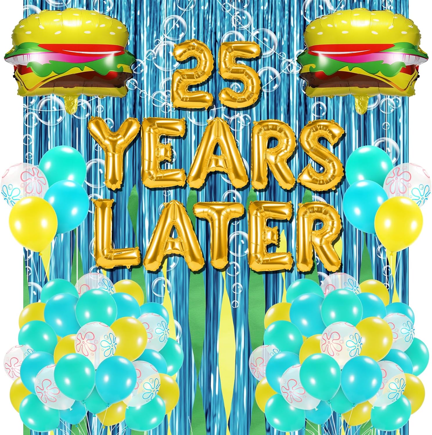 Sponge 25th Birthday Decorations, 25 Years Later letter Balloons Set for Ocean Theme Party,Birthday Decor,Mermaid,Baby Shark,with Hamburger Balloons,Blue Backdrop Bubble Garland and Crepe Paper