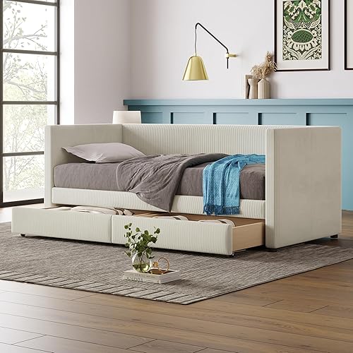Merax Sofá cama de pana de tamaño individual con dos cajones y listones de madera, marco de sofá cama para dormitorio, adolescentes, beige