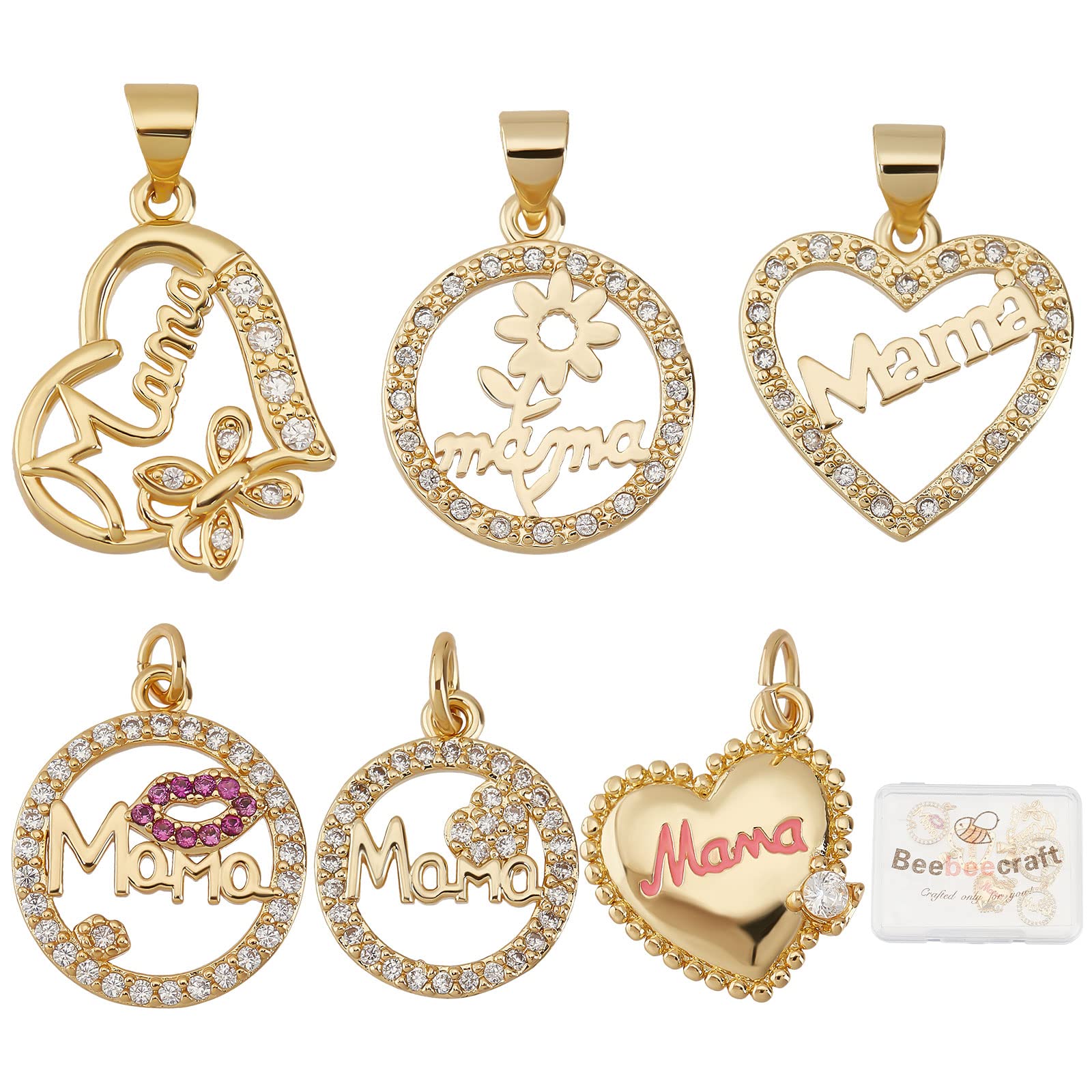 BeebeecraftBeebeecraft 6Pcs 6 Style Mother's Day Charms 18K Gold Plated Heart Flat Round with Word Mama Charm Pendants for Mother's Day Birthday Earring Necklace Bracelet Jewelry Making