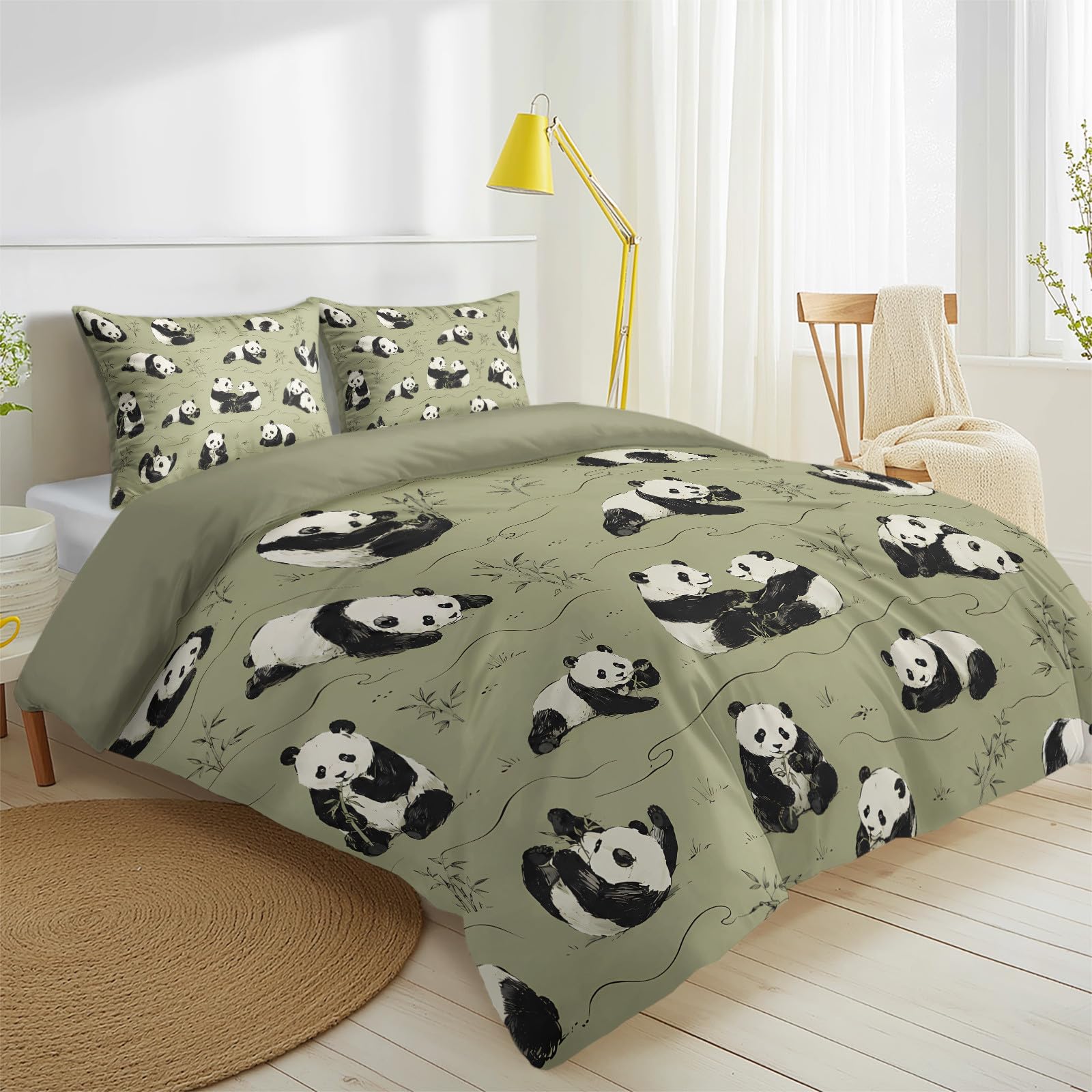 Zestaw pościeli z motywem zwierzęcym – zaprojektowany przez artystów cyfrowych – 200 x 200 cm + 2 x 80 x 80 cm, pościel bez substancji szkodliwych, panda słodka zabawa, przytulna, zielona, do sypialni