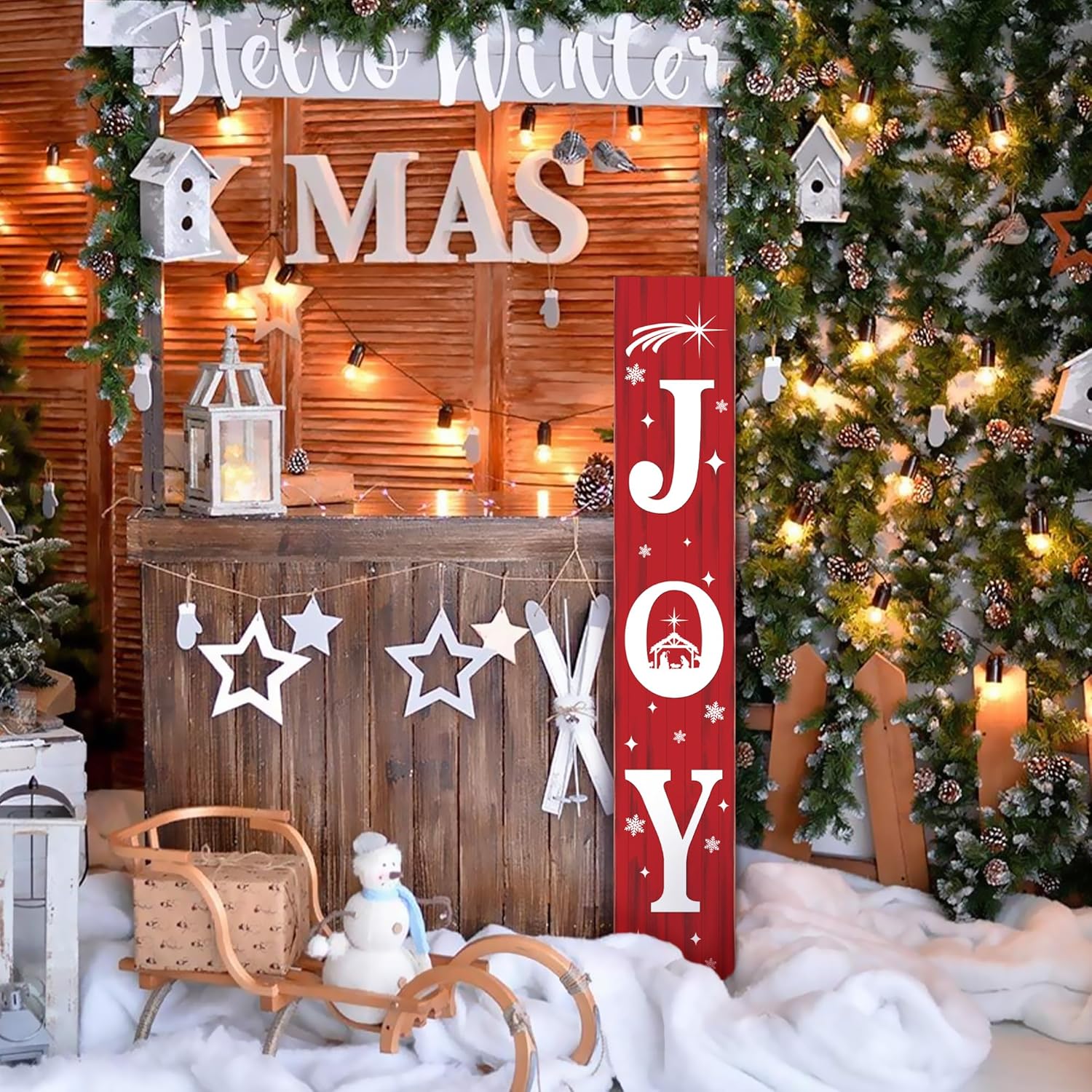 Christmas Porch Sign JOY 47" Winter Large Welcome Porch Sign Xmas Decor for Home Front Door Farm Yard Party Decor (Red)