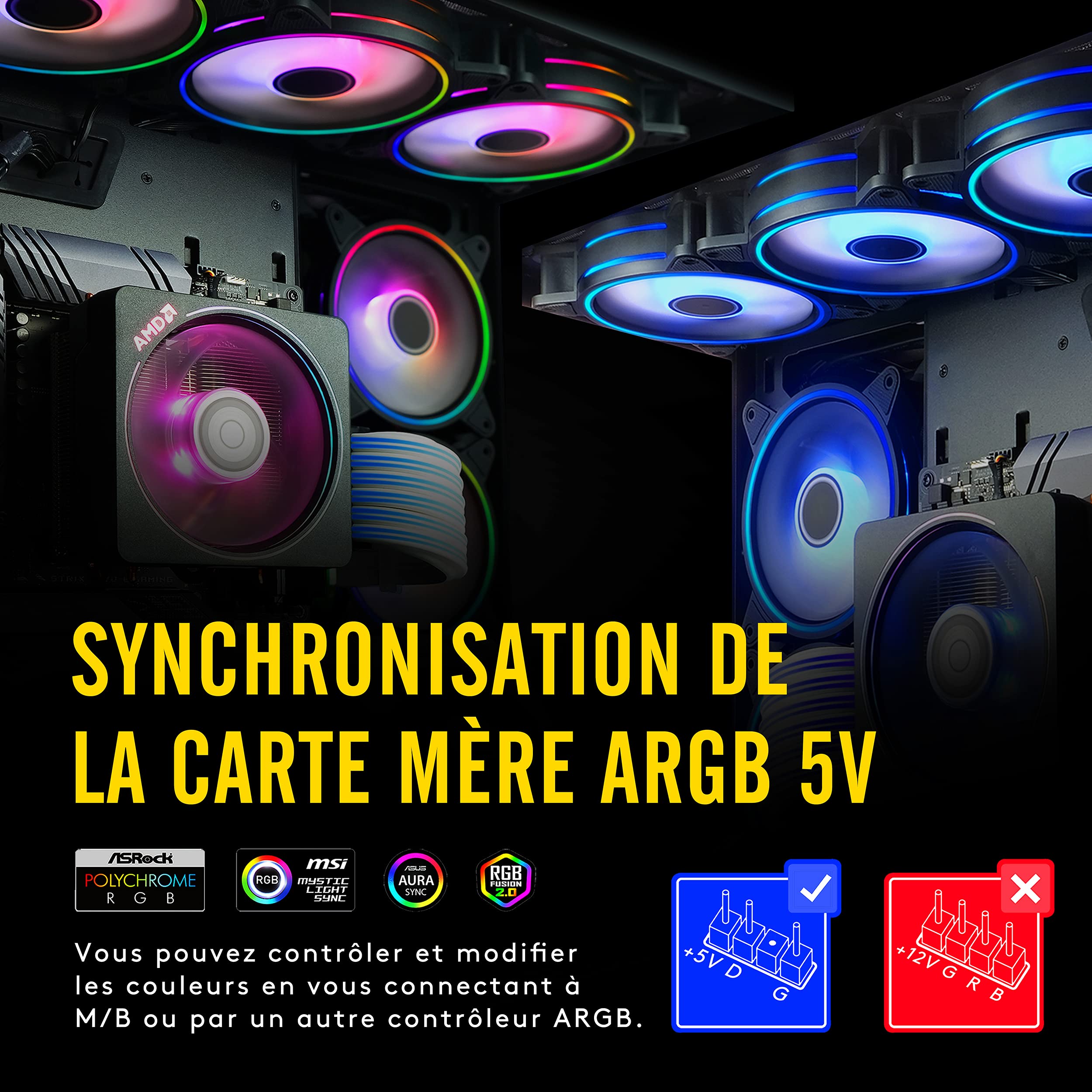 EZDIY-FAB Moonlight Ventilateur de Boîtier RGB 120mm avec Hub Ventilateur et Télécommande,Carte Mère Aura SYNC,Contrôle de Vitesse,Ventilateur Adressable pour Boîtier PC-6 Pack