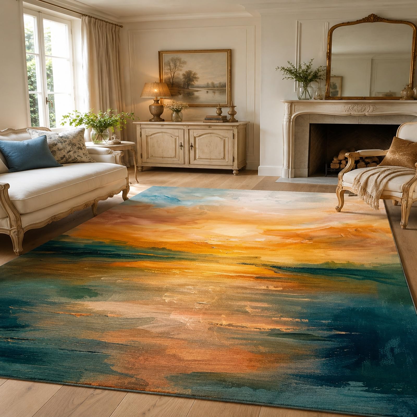 Tapis de décoration abstrait orange et bleu 80x200 cm pour couloir et salon
