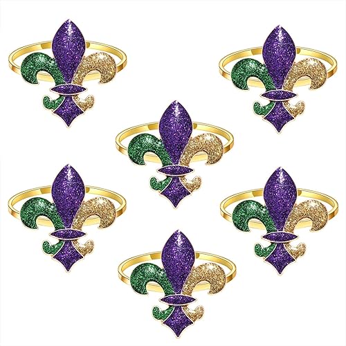 Miniatura 5 de 6 servilleteros Mardi Gras máscara con purpurina Fleur De Lis para juego de mesa servilletero de martes gruesos anillos para fiesta de máscaras