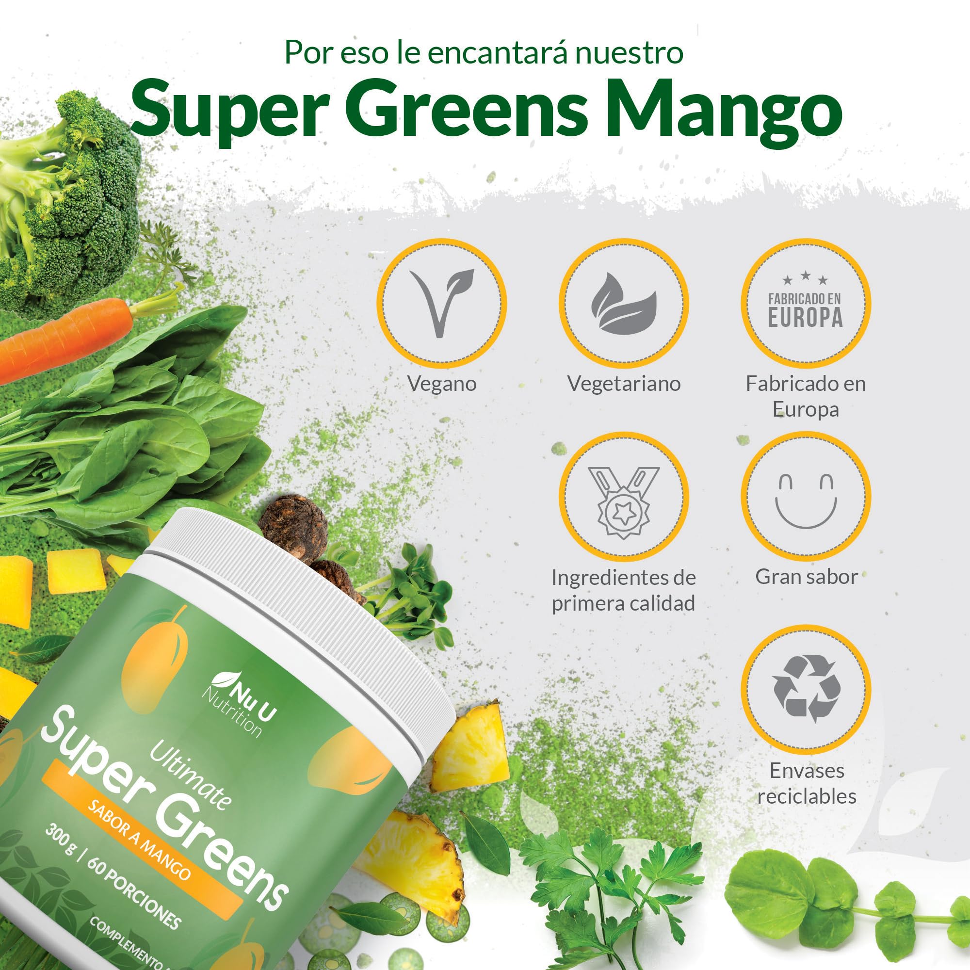 Super Greens | Mango | Polvo de Jugo Verde 300 g - 17 Ingredientes Superalimentarios Activos - 60 Porciones - con Inulina, Espirulina, Clorela, Raíz de Maca y Más - 100% Vegano - Nu U Nutrition
