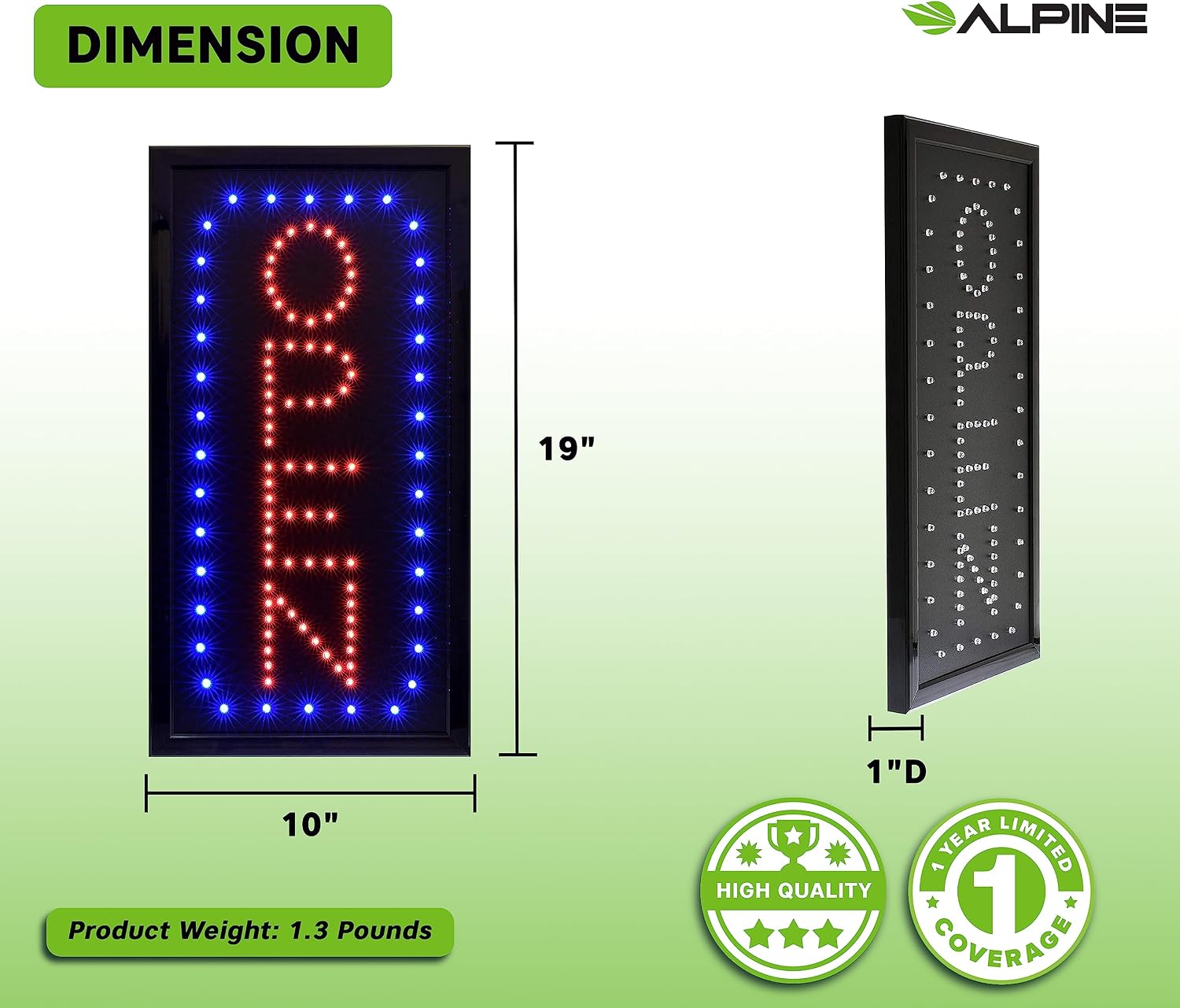 Alpine Led Open Sign for Business High Tech Tempered Glass Bright Electric Display Signs Two Modes Flashing Steady Lights for Indoor Outdoor Shops Restaurant Bar Wall Window Store (Open, Vertical 19x10 inch)