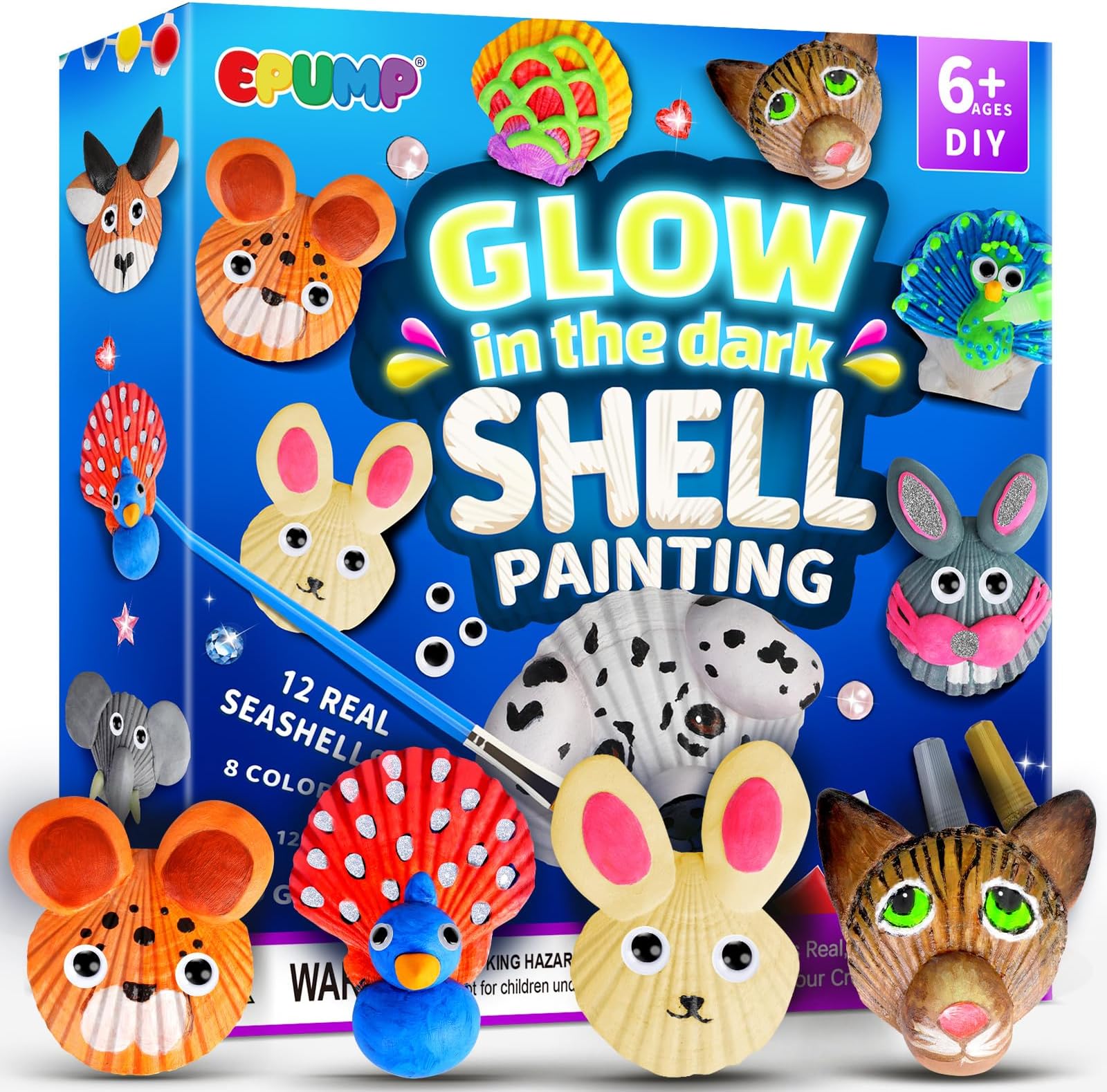 EPUMP 12Pcs Shell Painting Kit for Kids - Glow in The Dark Arts and Crafts Supplies Kits for Girls Boys - Kids Activities Creative Art Set Birthday Gifts DIY Paint Toys for Age 6 7 8 9 10 11 Years Old